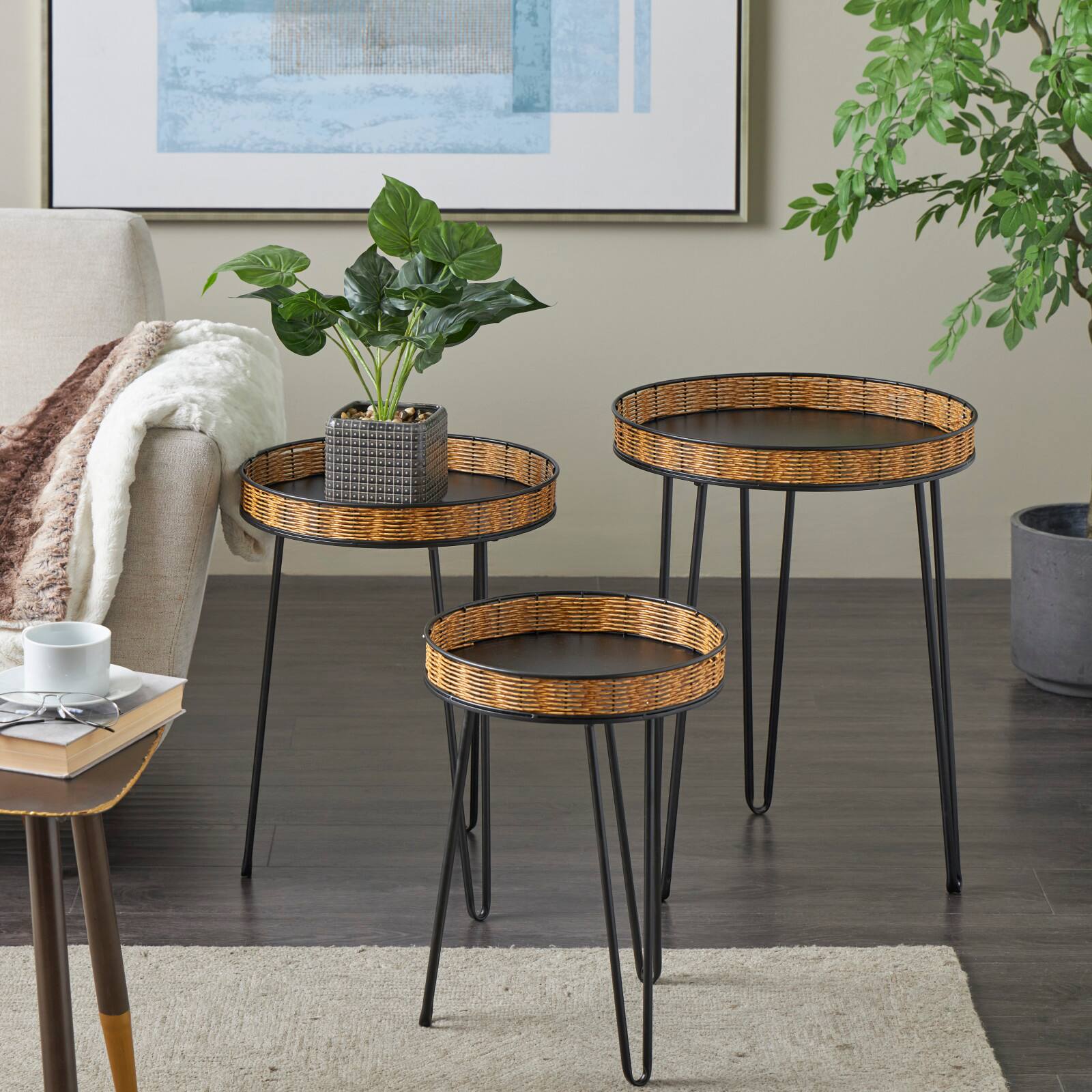 Black Metal Handmade Accent Table with Rattan Tabletop Set