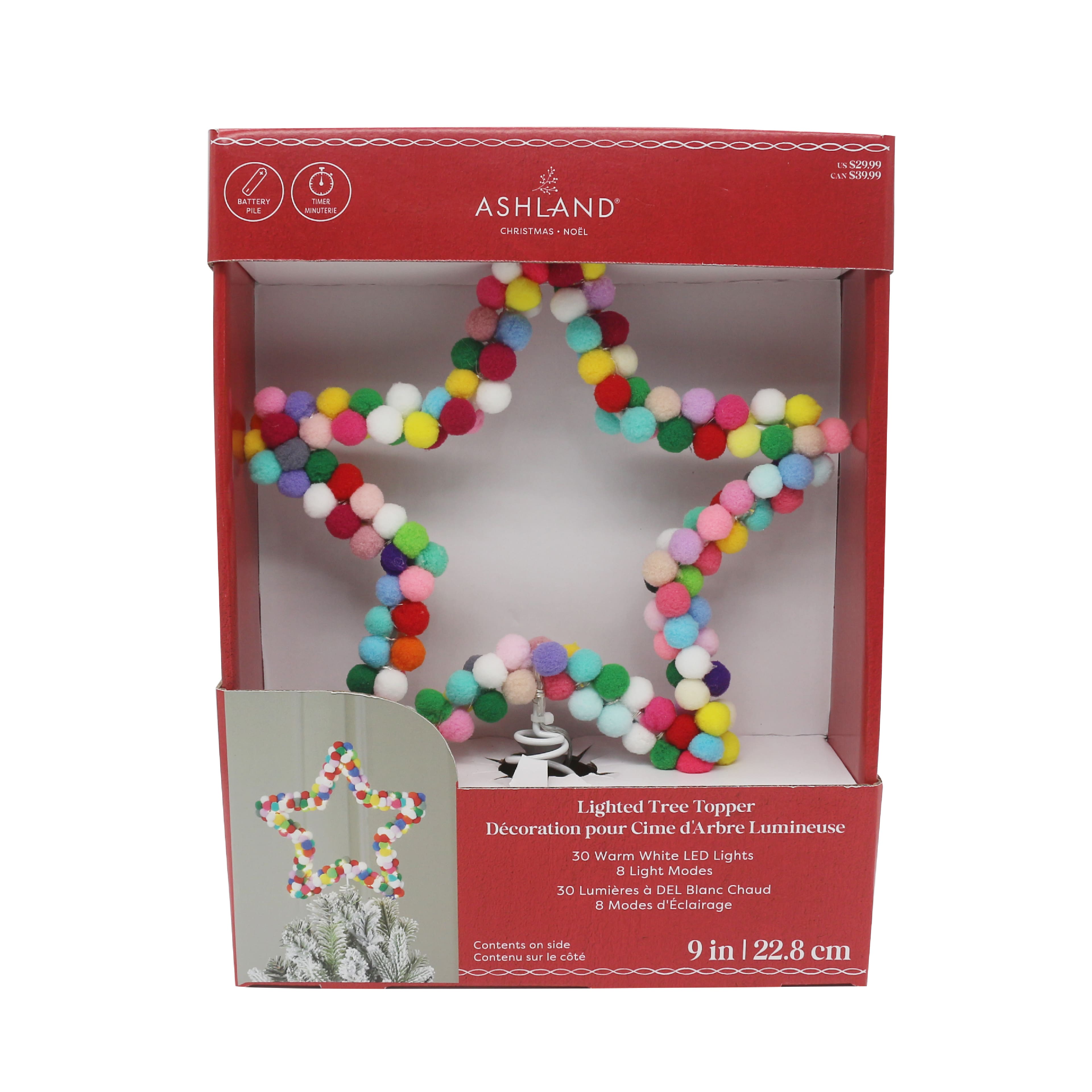 30ct. Warm White LED Multicolor Pom Pom Star Tree Topper by Ashland&#xAE;