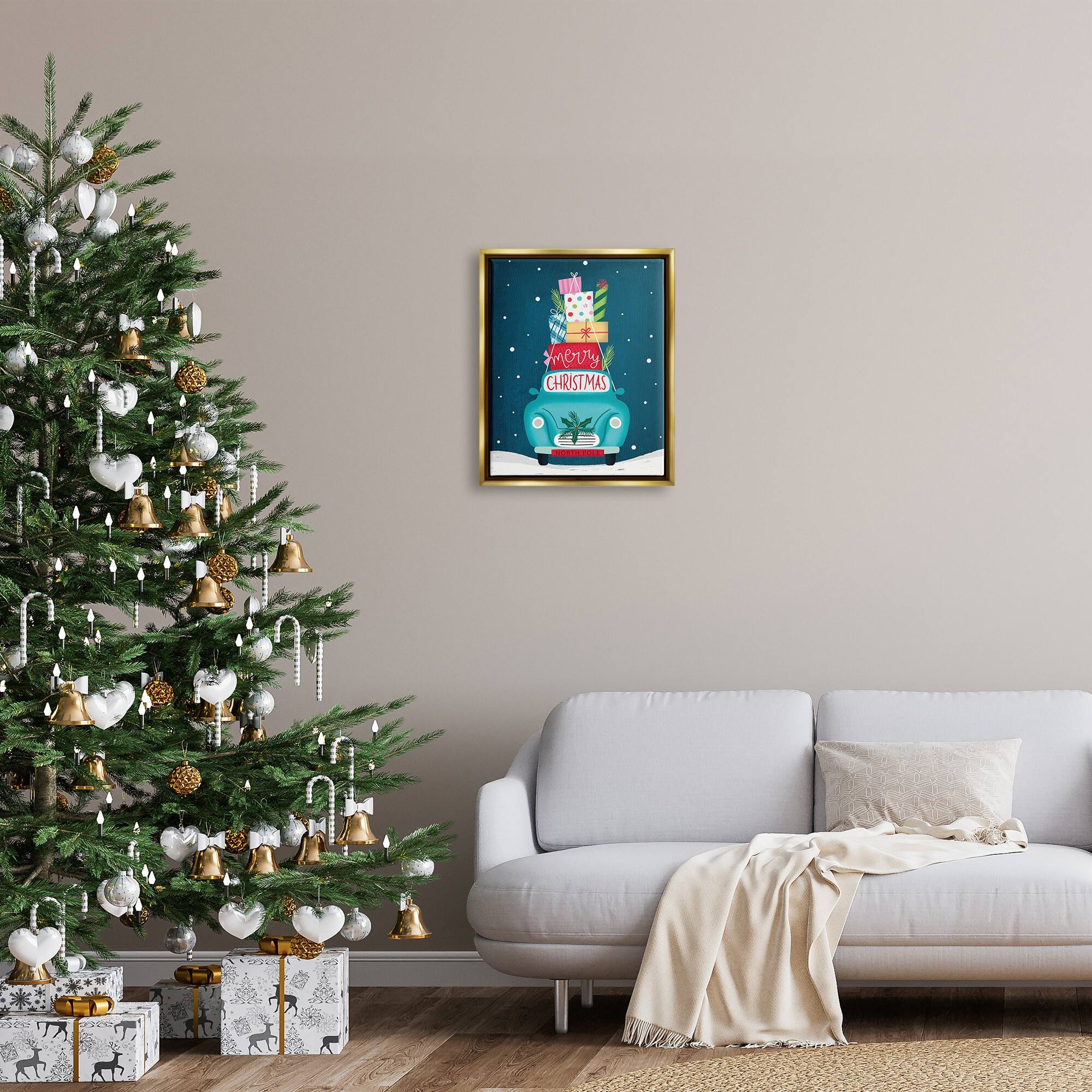 Stupell Industries Merry Christmas Stacked Gifts Car Framed Floater Canvas Wall Art