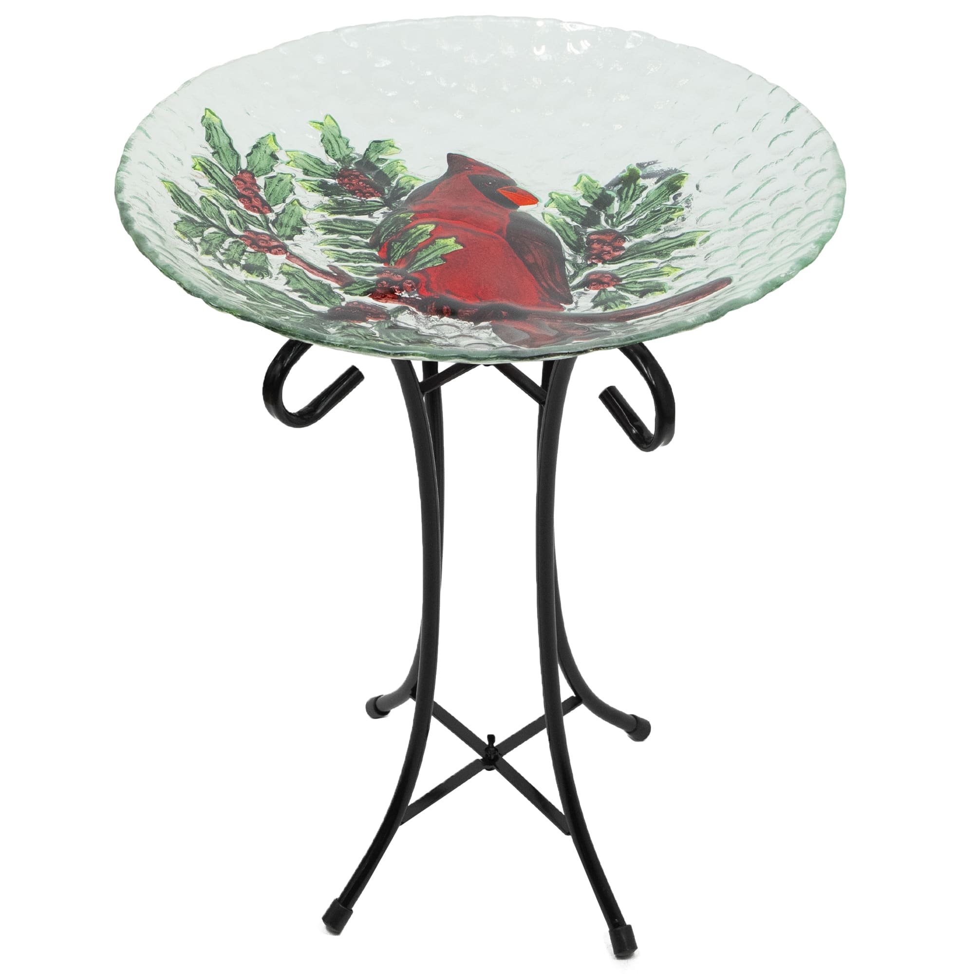 21" Red Cardinal & Pine Cone Glass Bird Bath with Stand