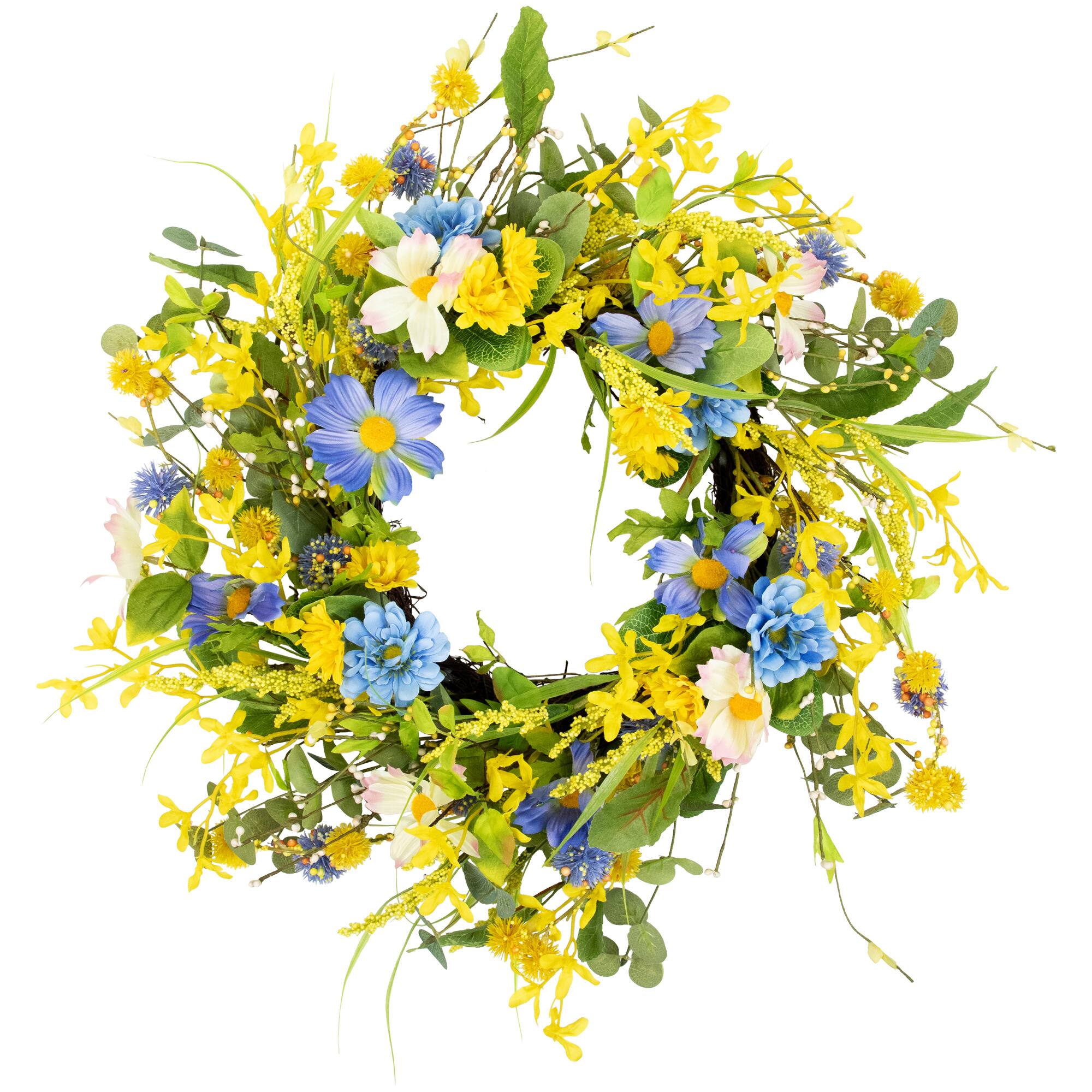 24" Yellow & Blue Daisy & Cosmos Floral Spring Wreath