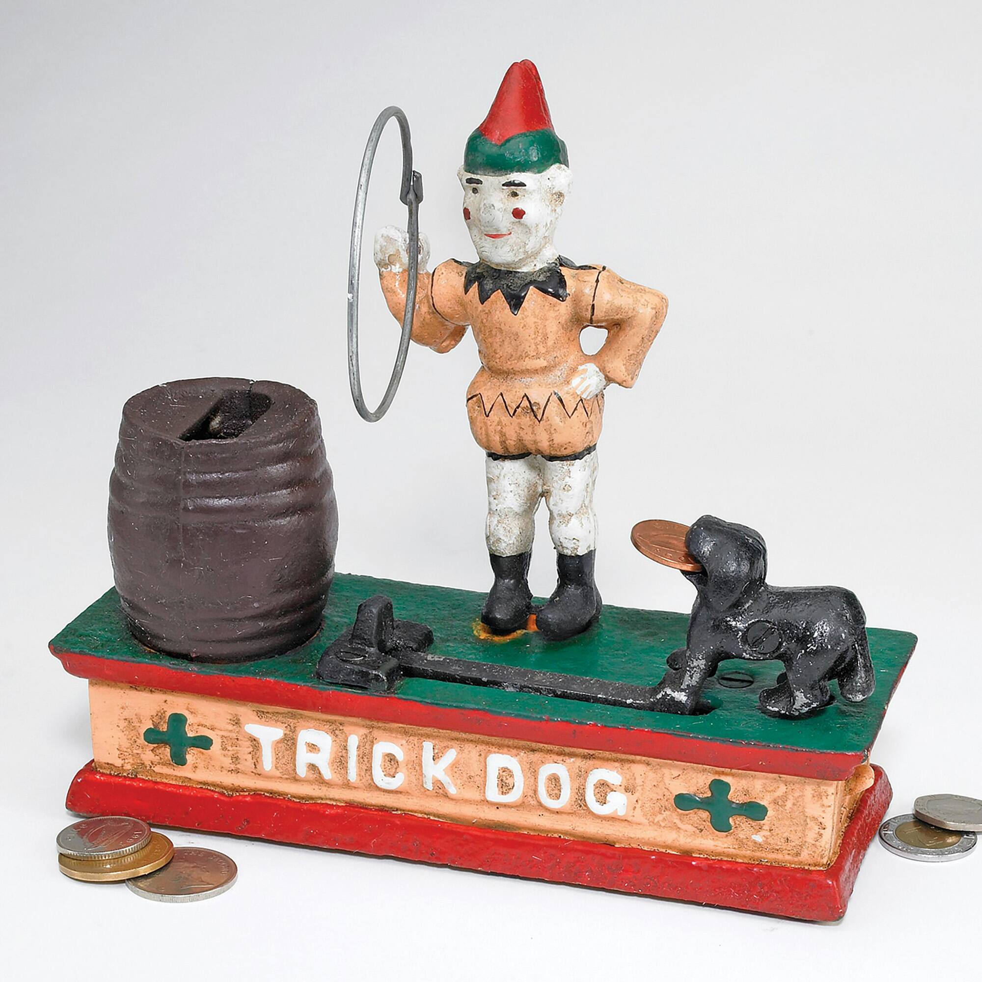 Design Toscano 7&#x22; Circus Clown &#x26; Trick Dog Authentic Foundry Iron Mechanical Bank
