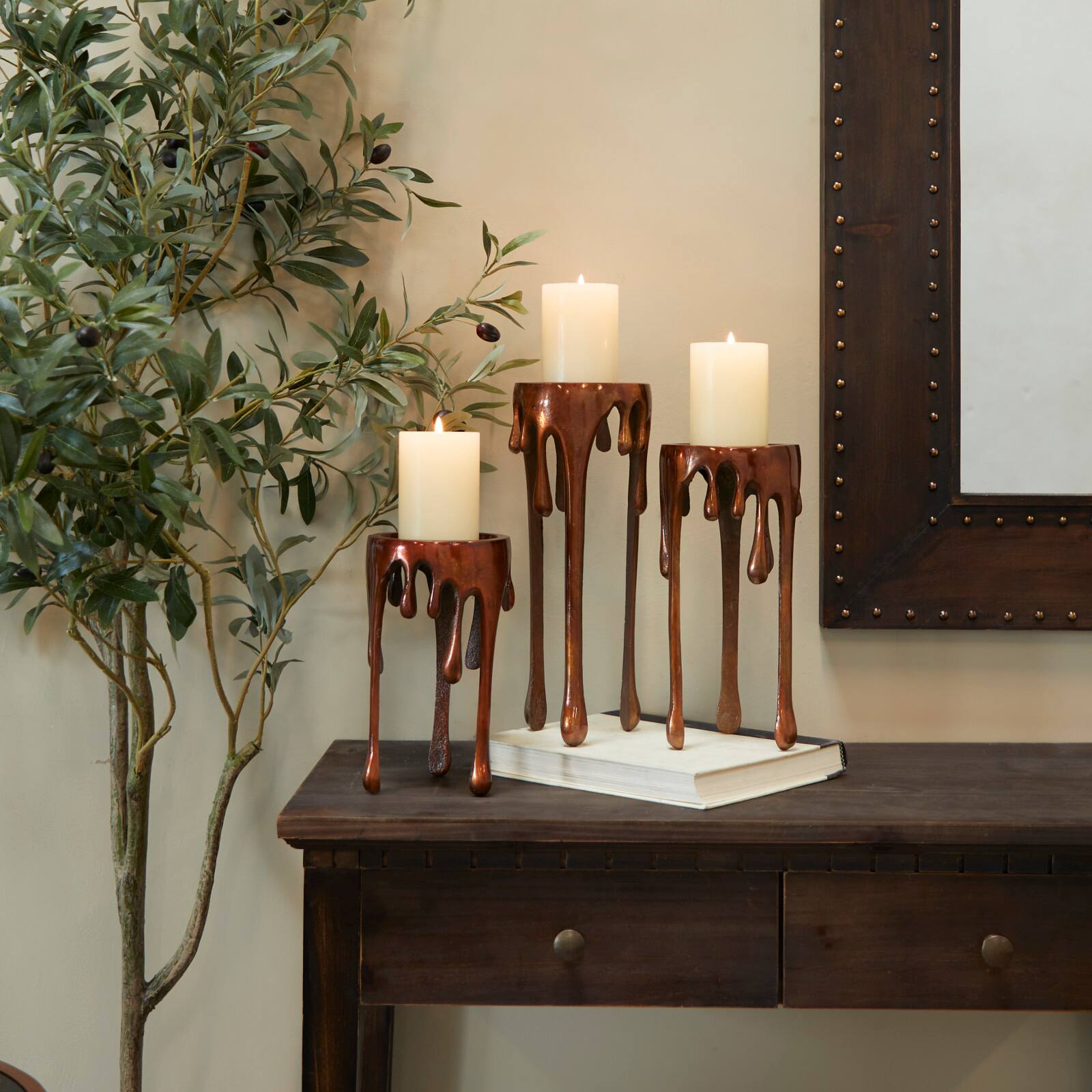 Copper Metal Pillar Candle Holder with Dripping Legs Set
