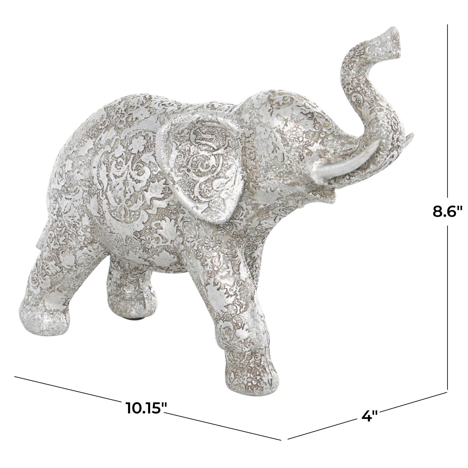 10" Silver Elephant Engraved Floral Sculpture