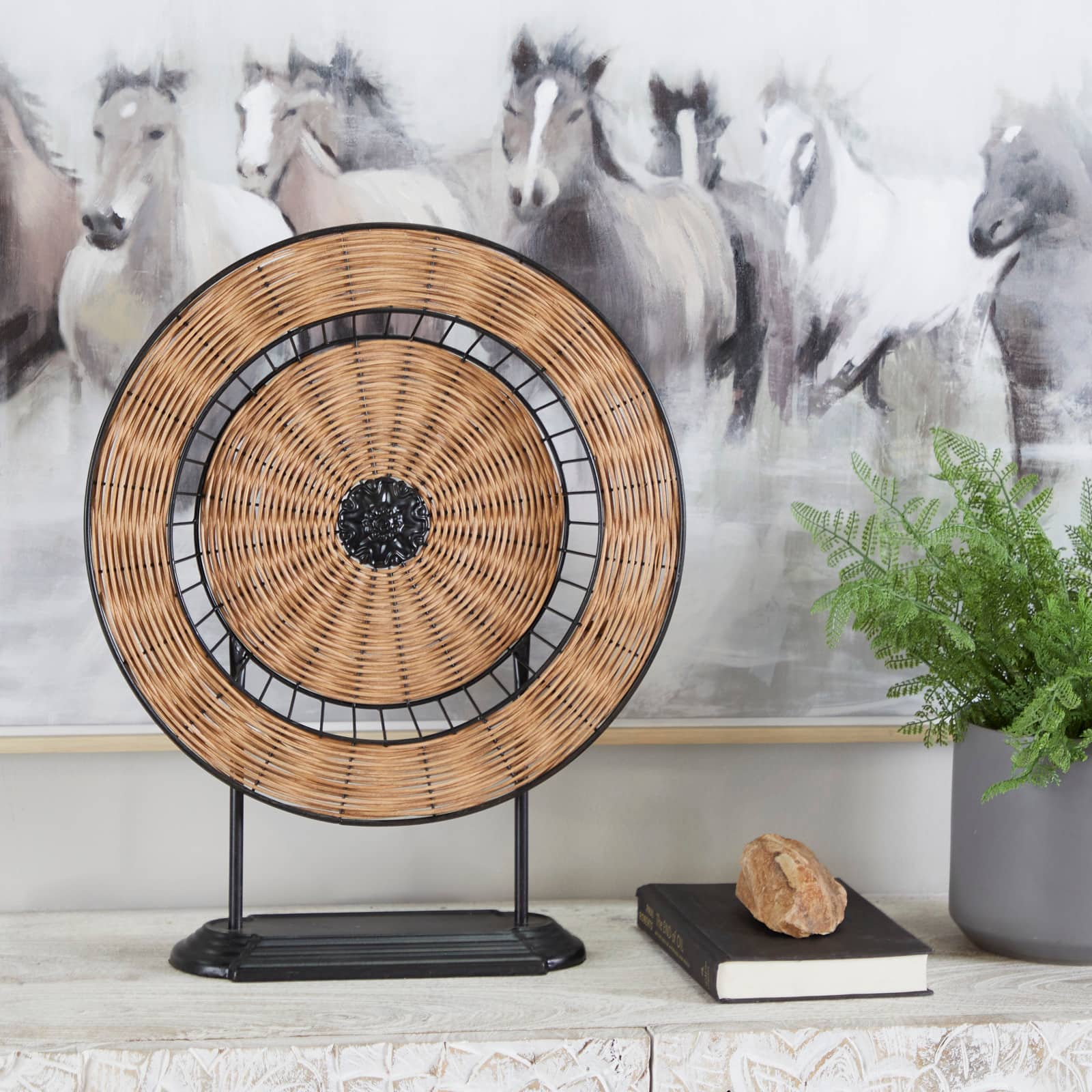 21" Brown Metal Wrapped Plate Geometric Sculpture with Black Stand