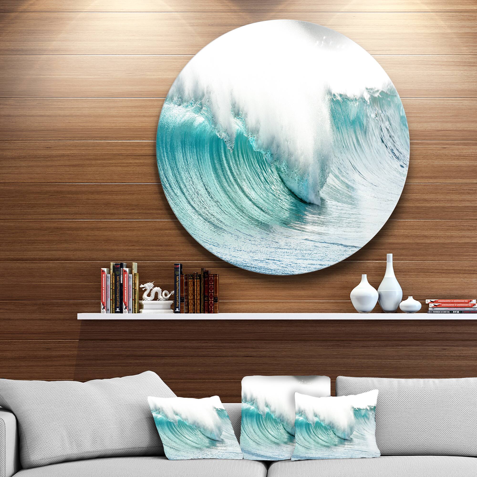 Designart - Massive Blue Waves Breaking Beach' Seashore Metal Circle Wall Art