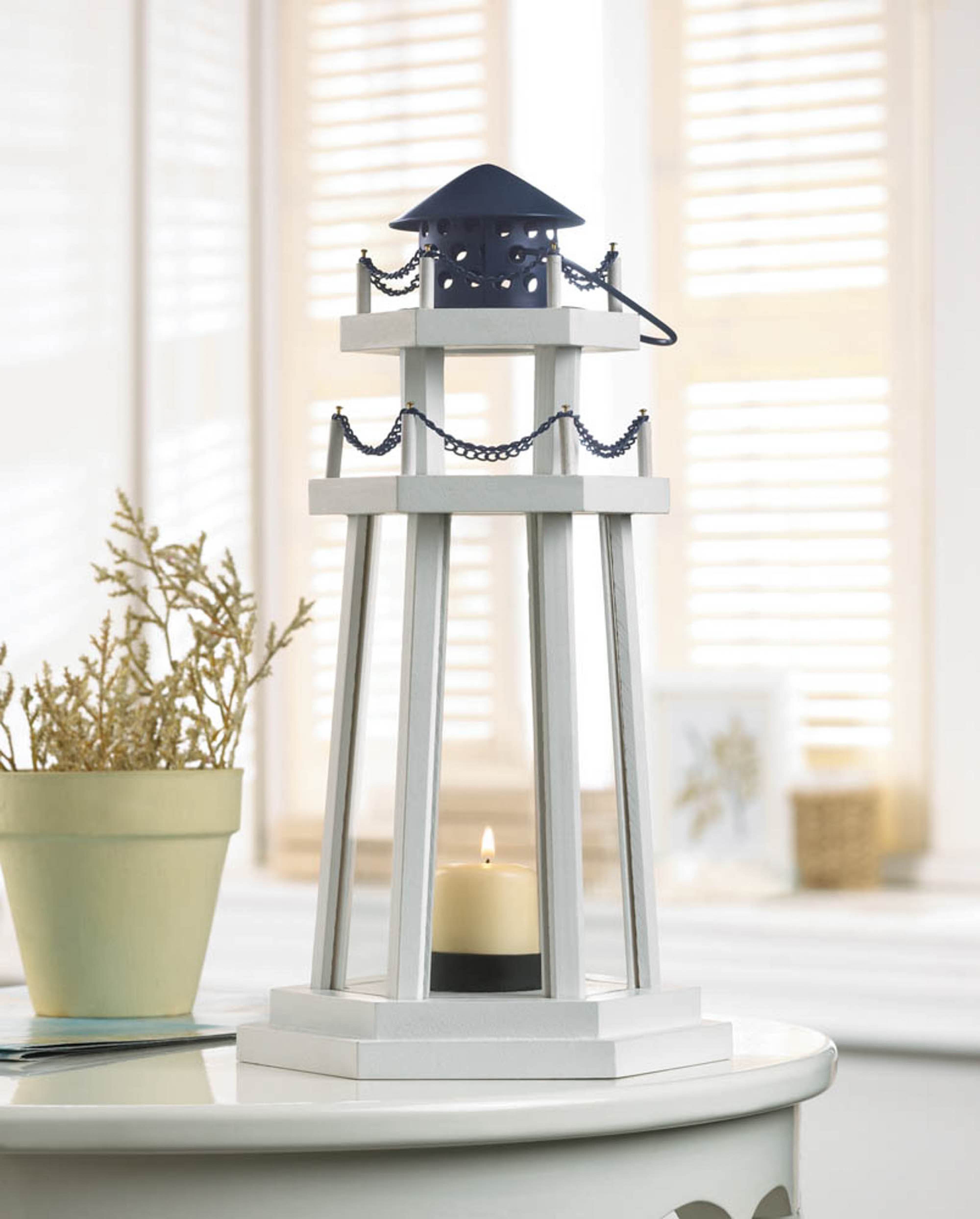 12.25&#x22; White Wooden Lighthouse Hanging Candle Lantern with Chain Detailing