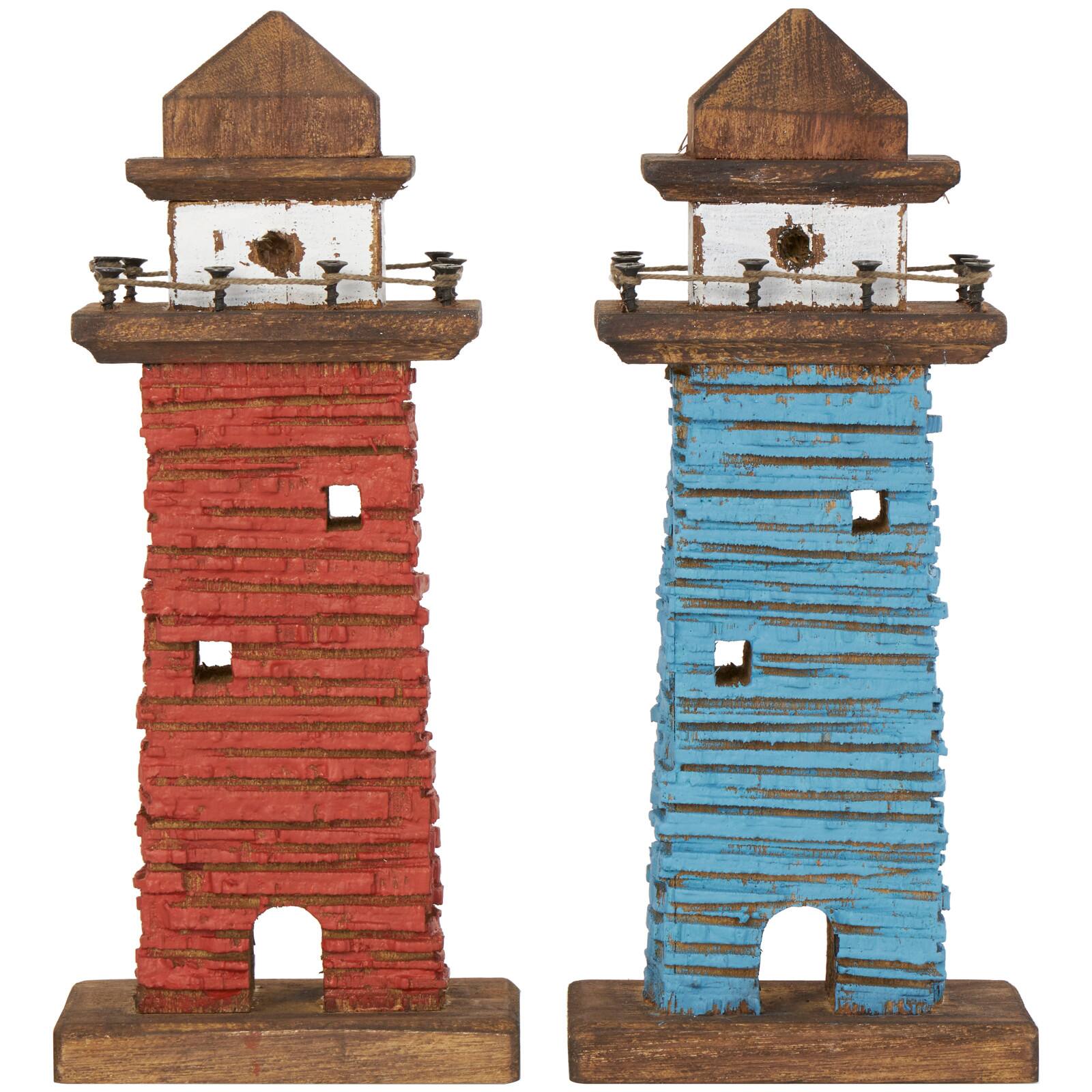 10&#x22; Red &#x26; Blue Wood Light Housee Sculpture Set