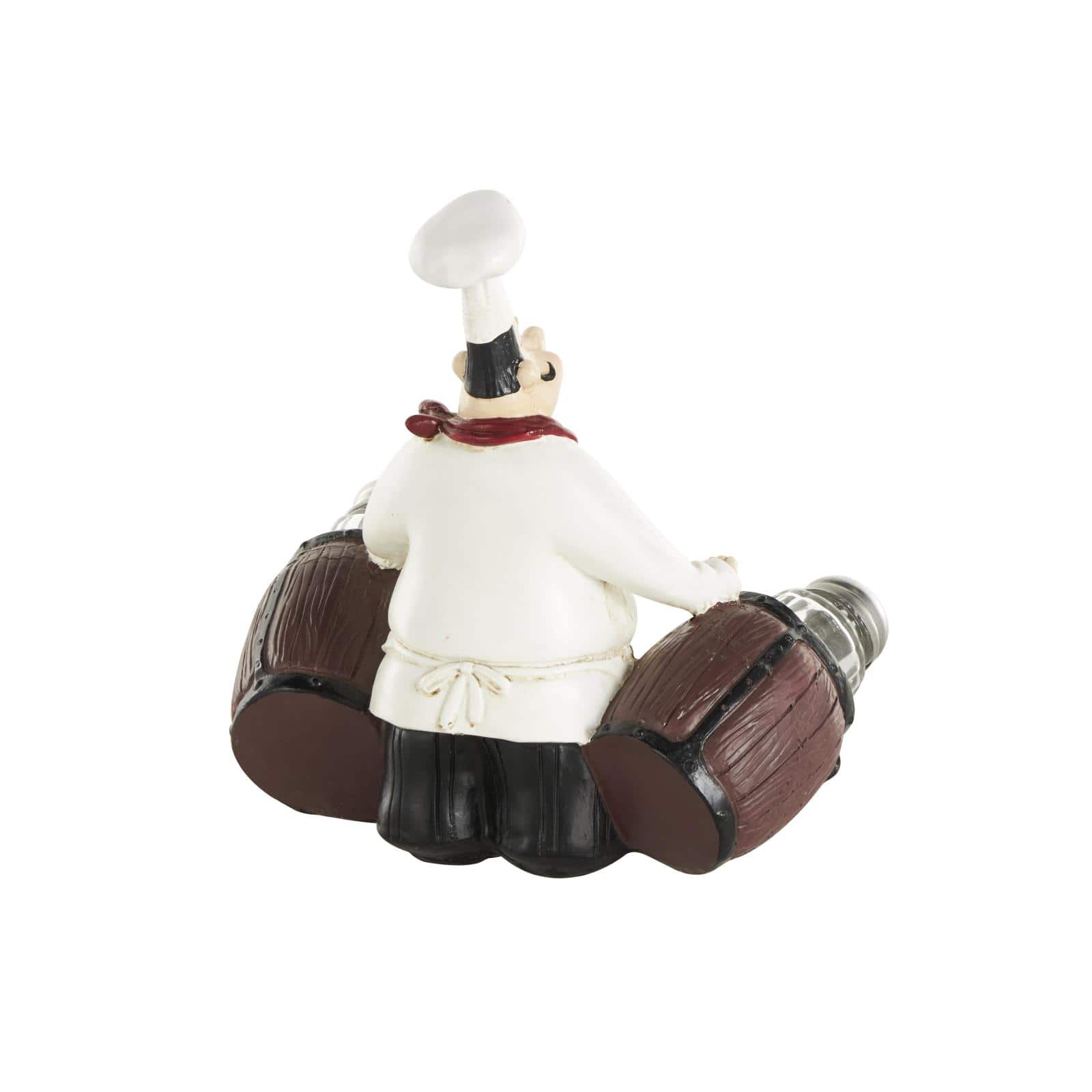 7.5" White Polystone Chef Figurine Salt & Pepper Shaker Holder with Wood Barrel Accents