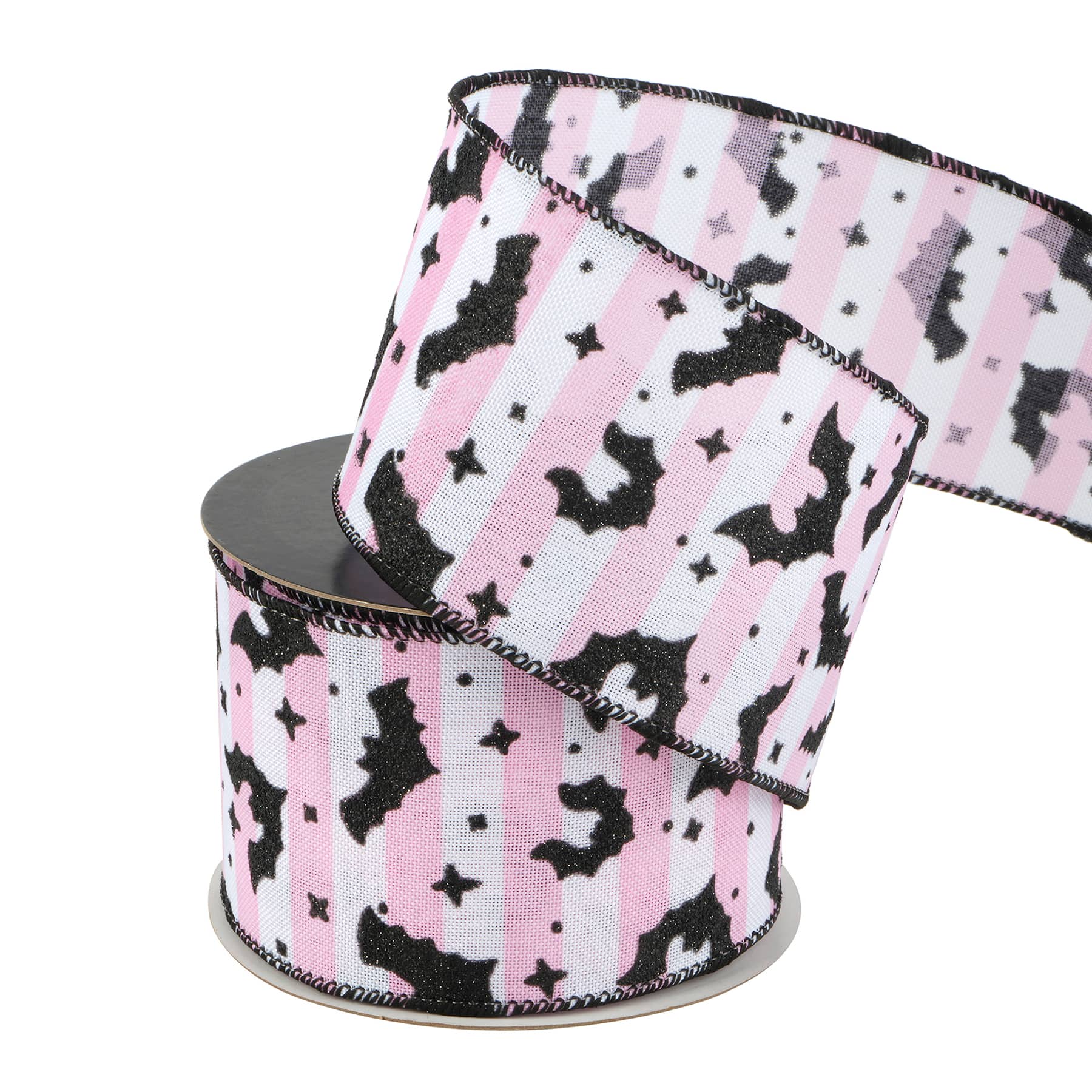 2.5&#x22; x 20ft. Glitter Bats on Pink Stripes Wired Ribbon by Celebrate It&#xAE; Halloween
