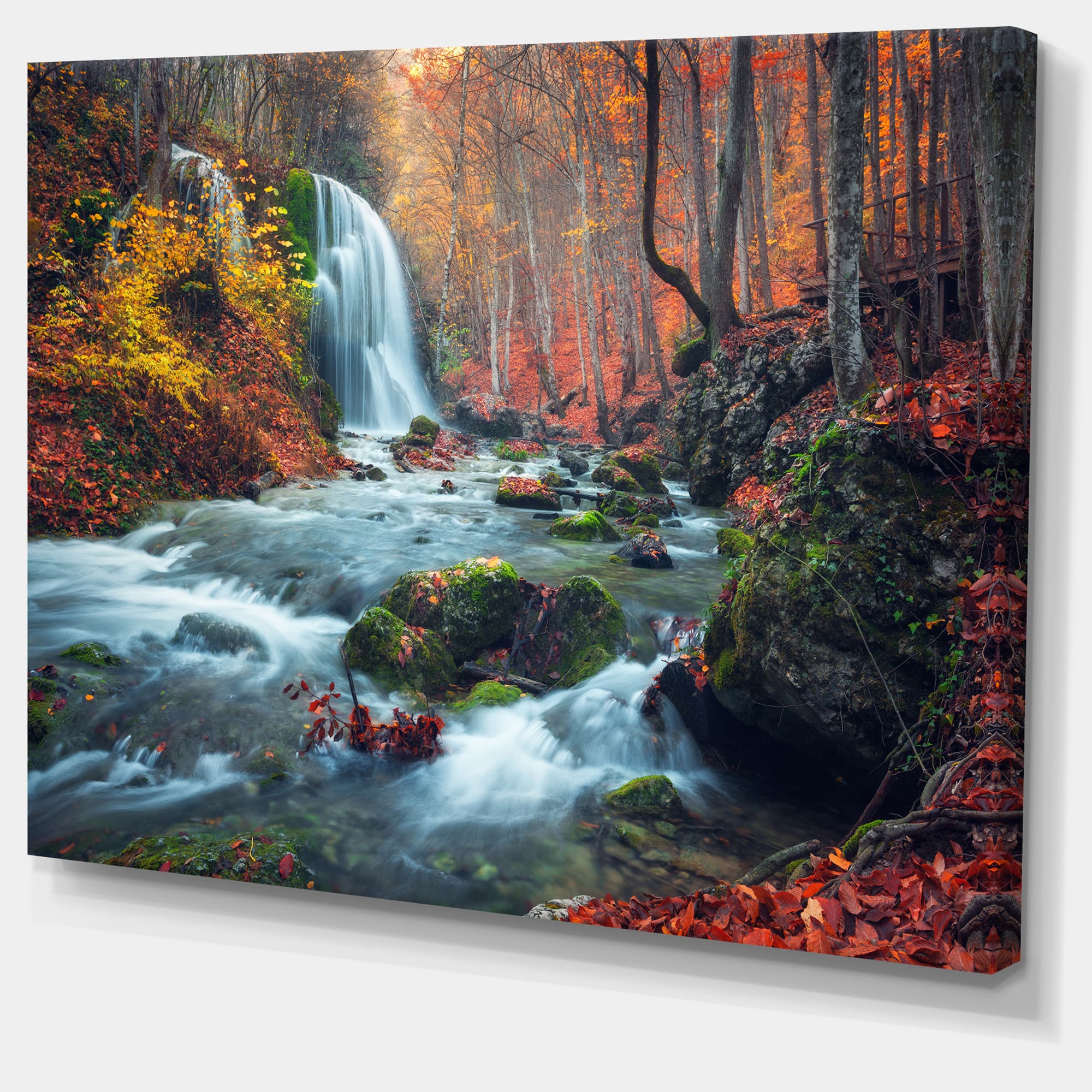 Designart - Autumn Mountain Waterfall Long View - Landscape Photography Canvas Print