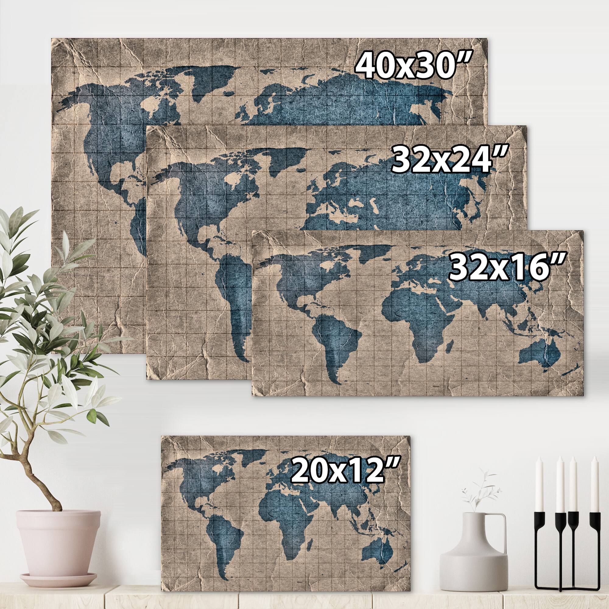 Designart - Ancient Map of The World I - Rustic Canvas Wall Art Print