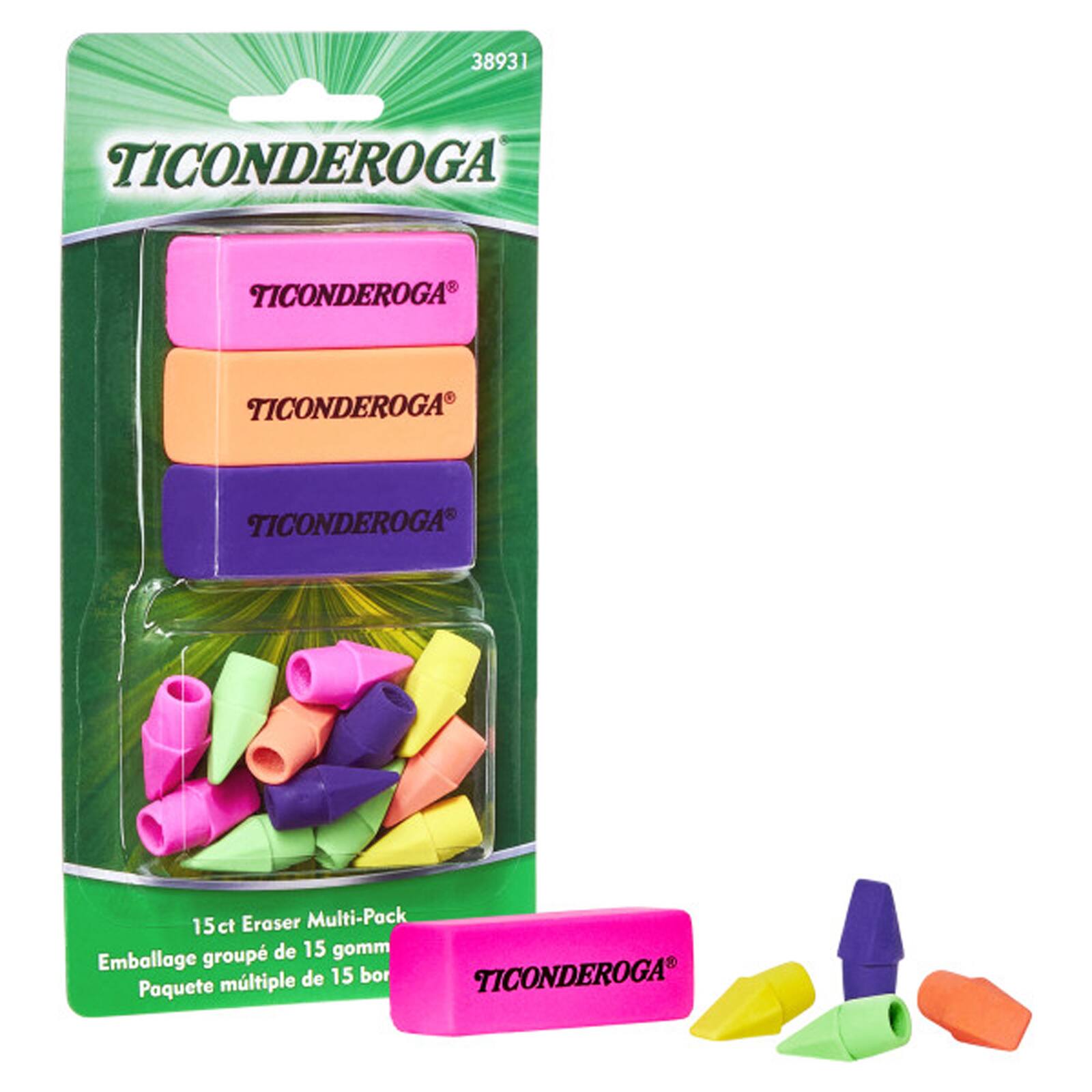 Ticonderoga&#xAE; Neon Beveled &#x26; Wedge Cap Eraser Combo Set, 8 Packs of 15