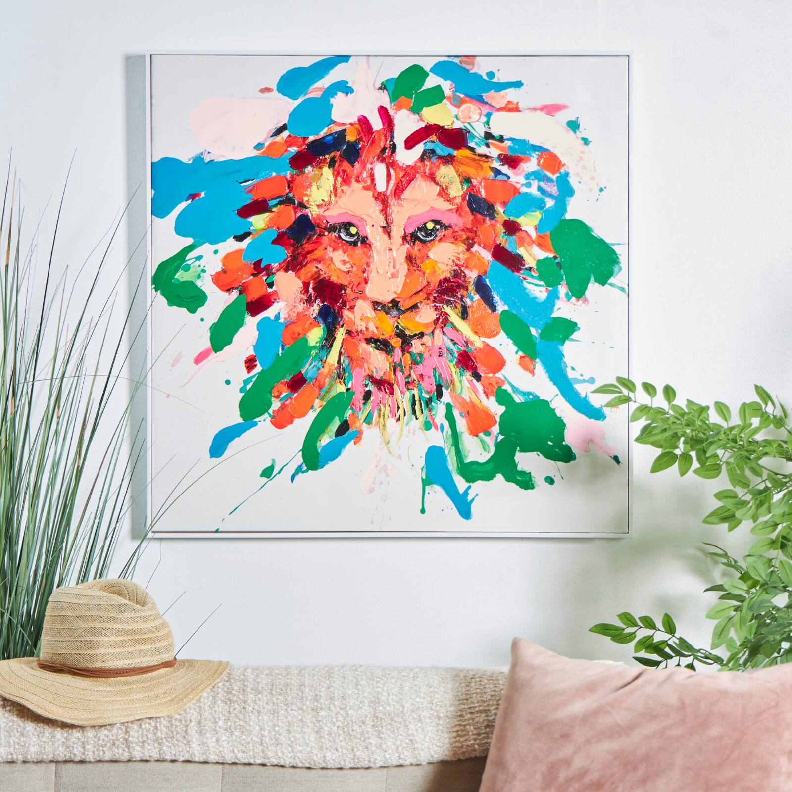 Multicolor Lion Paint Splatter Framed Canvas Wall Art