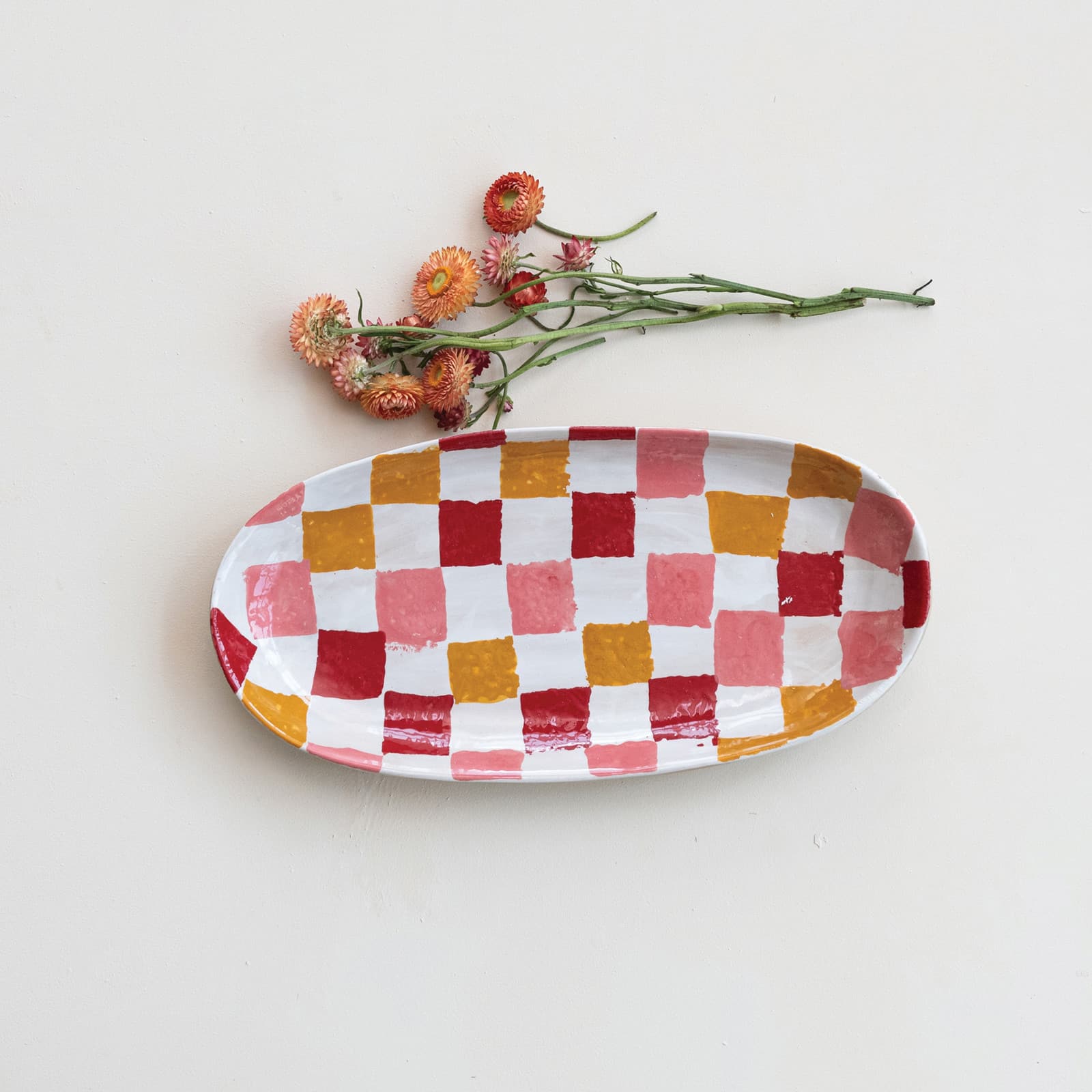 Hello Honey Oval Hand-Painted Stoneware Platter with Check Pattern, Multicolor