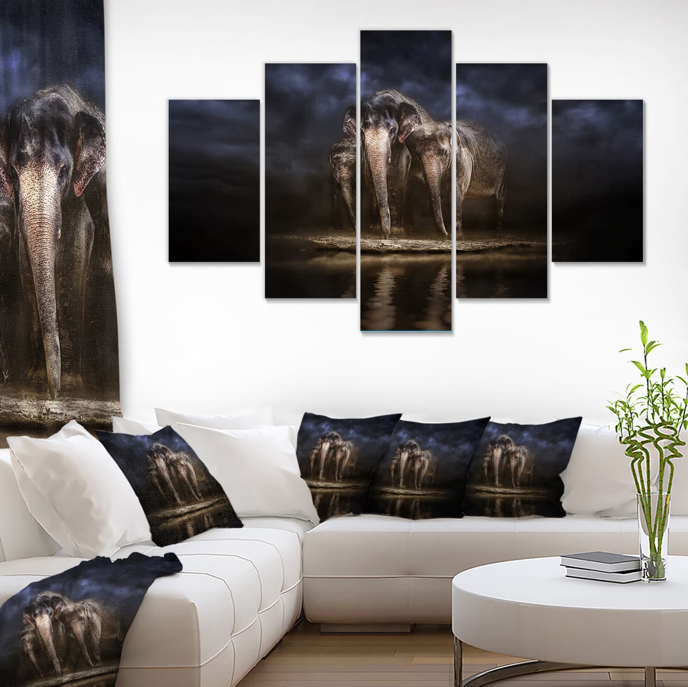 Designart - Elephants Watering in the River - Animal Canvas Wall Art