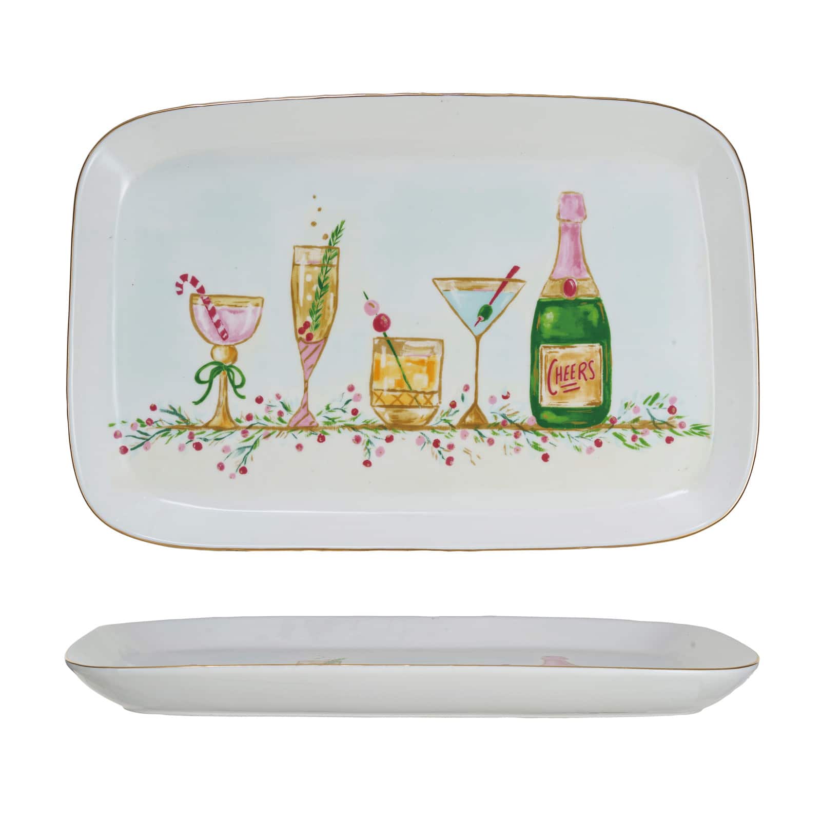 Hello Honey&#xAE; 15&#x22; Stoneware Platter with Holiday Cocktails &#x26; Gold Electroplating