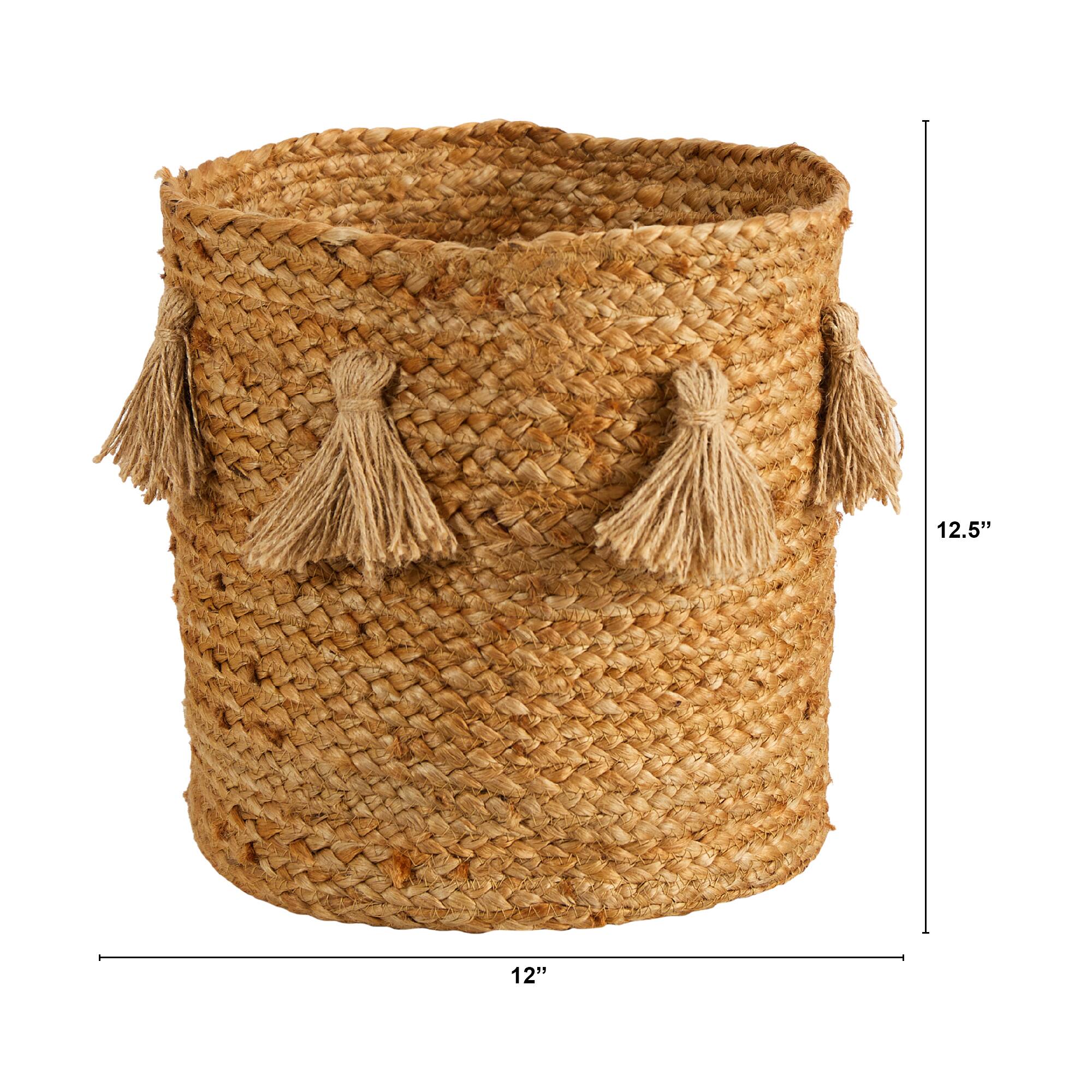12.5'' Natural Hand-Woven Jute Boho Chic Basket Planter with Tassels