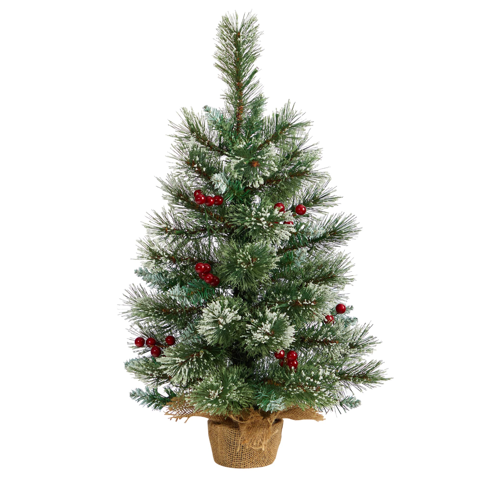 2ft. Pre-Lit Flocked Pine &#x26; Berry Artificial Christmas Tree in Burlap Base, Warm White LED Lights