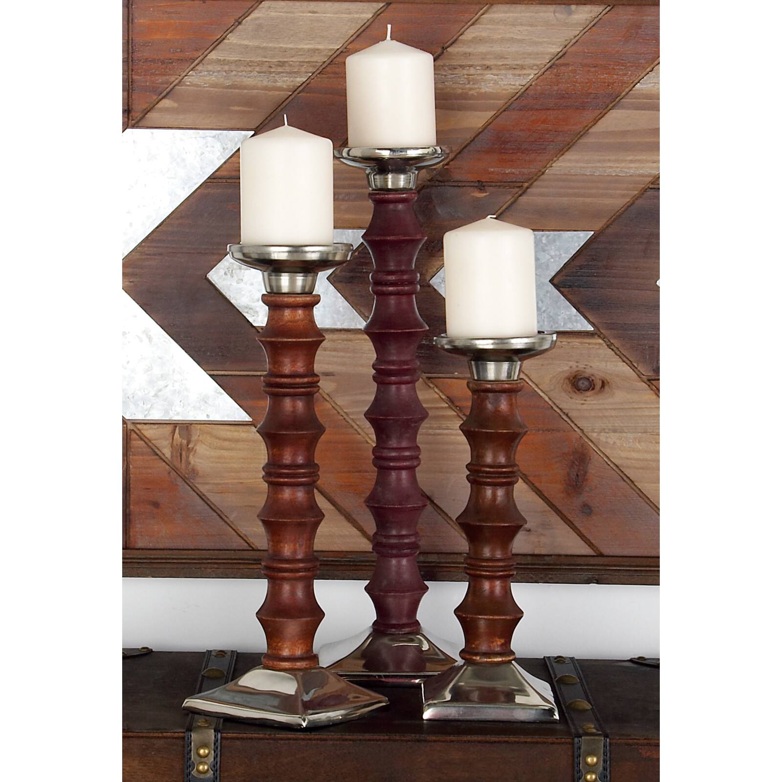 Brown Wood &#x26; Aluminum Pillar Candle Holder Set