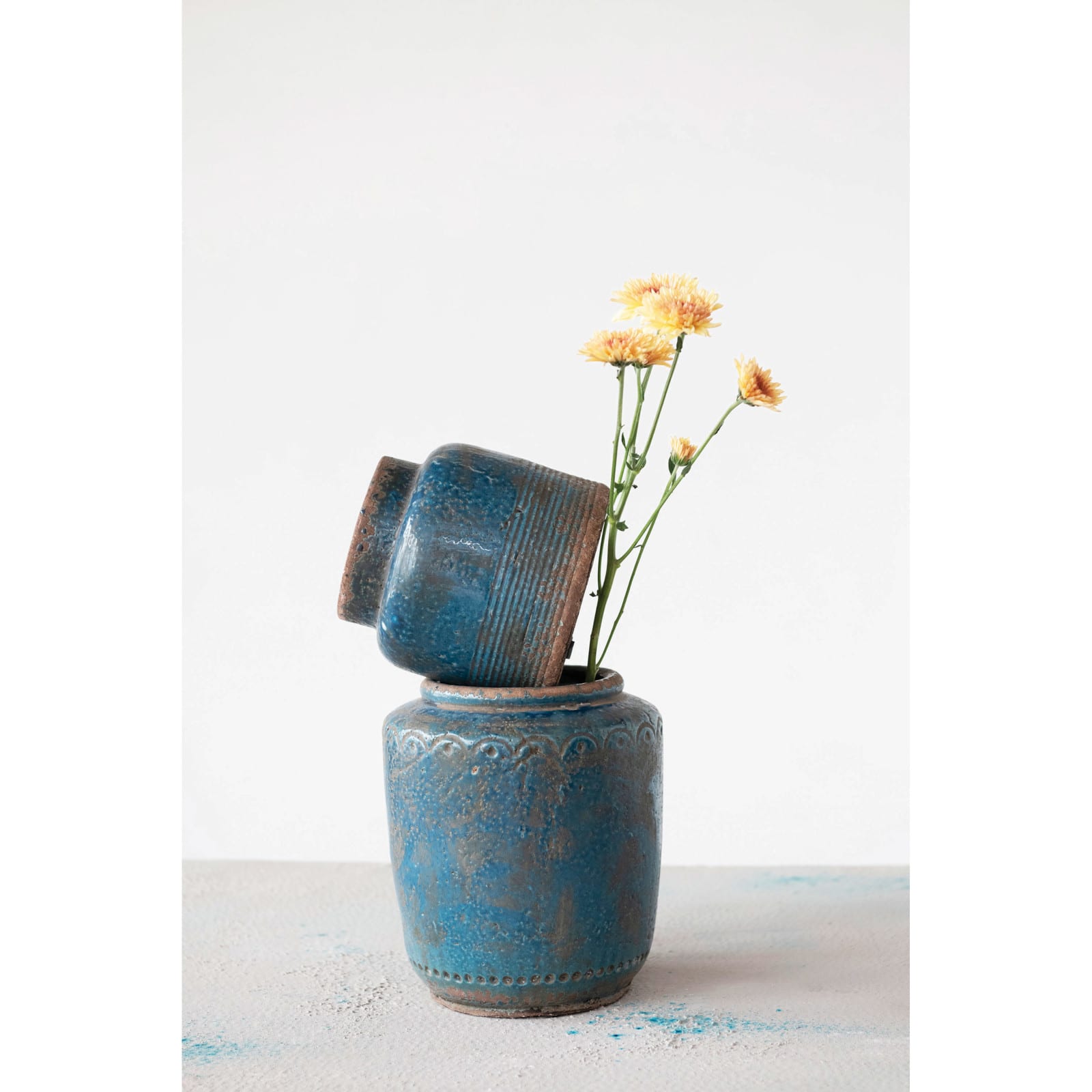 Hello Honey® 7" Distressed Blue Debossed Terracotta Vase