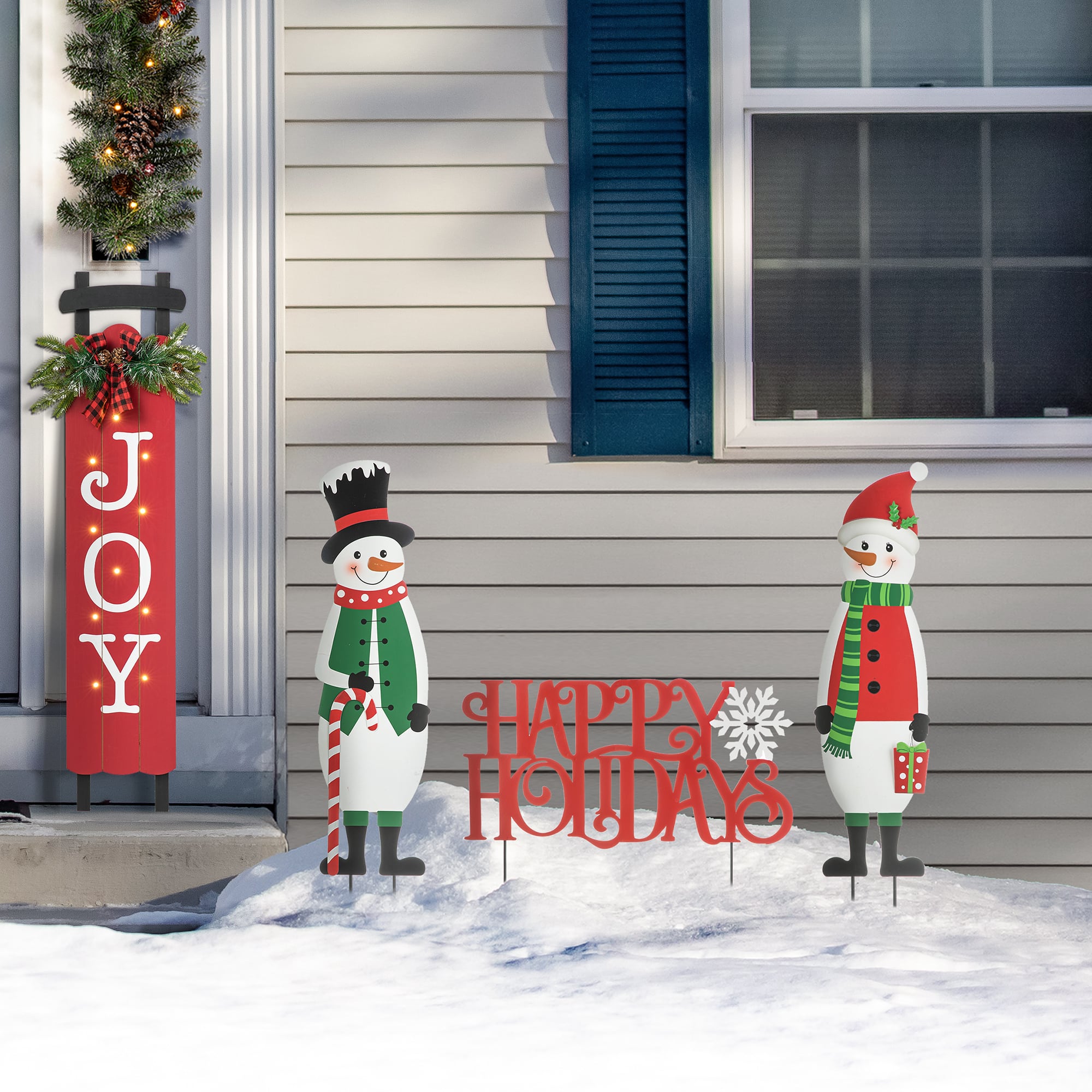 Glitzhome&#xAE; Metal Snowmen &#x26; Happy Holidays Yard Stake Set