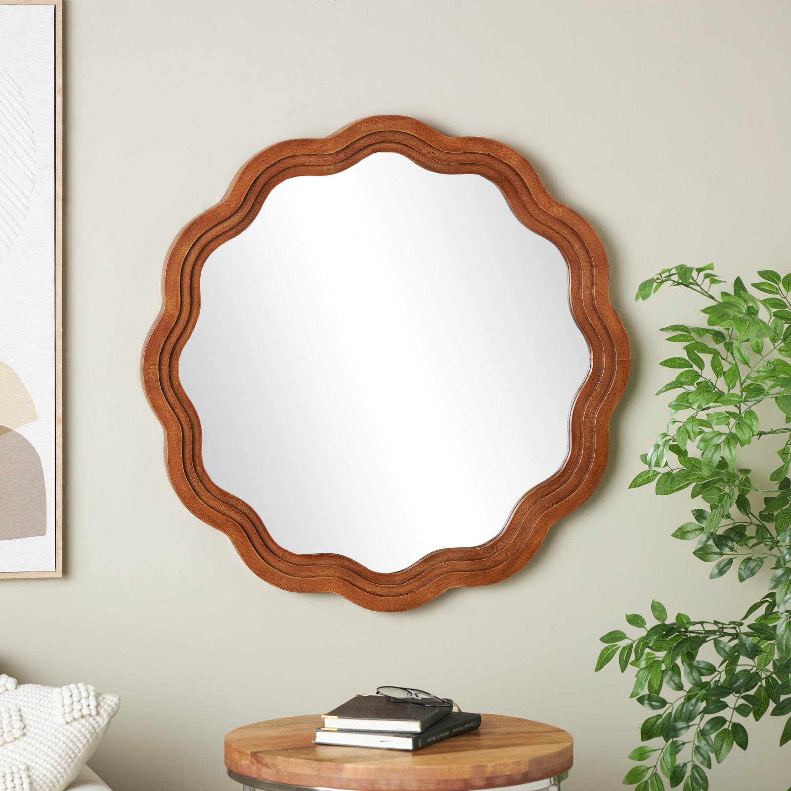31" Brown Wood Handmade Wall Mirror with Dimensional Carved Frame