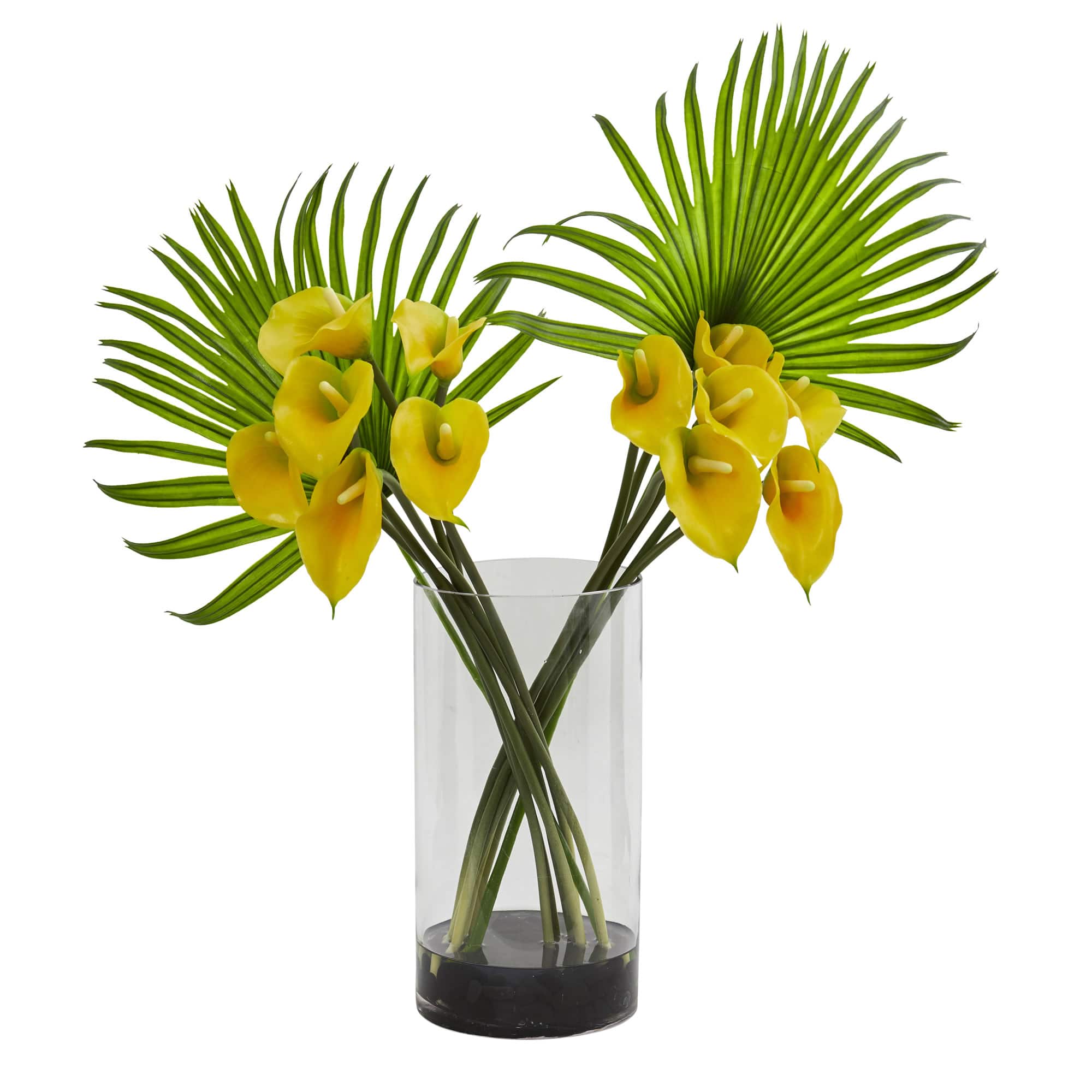 2.2ft. Calla Lily & Fan Palm Artificial Arrangement in Cylinder Glass Vase