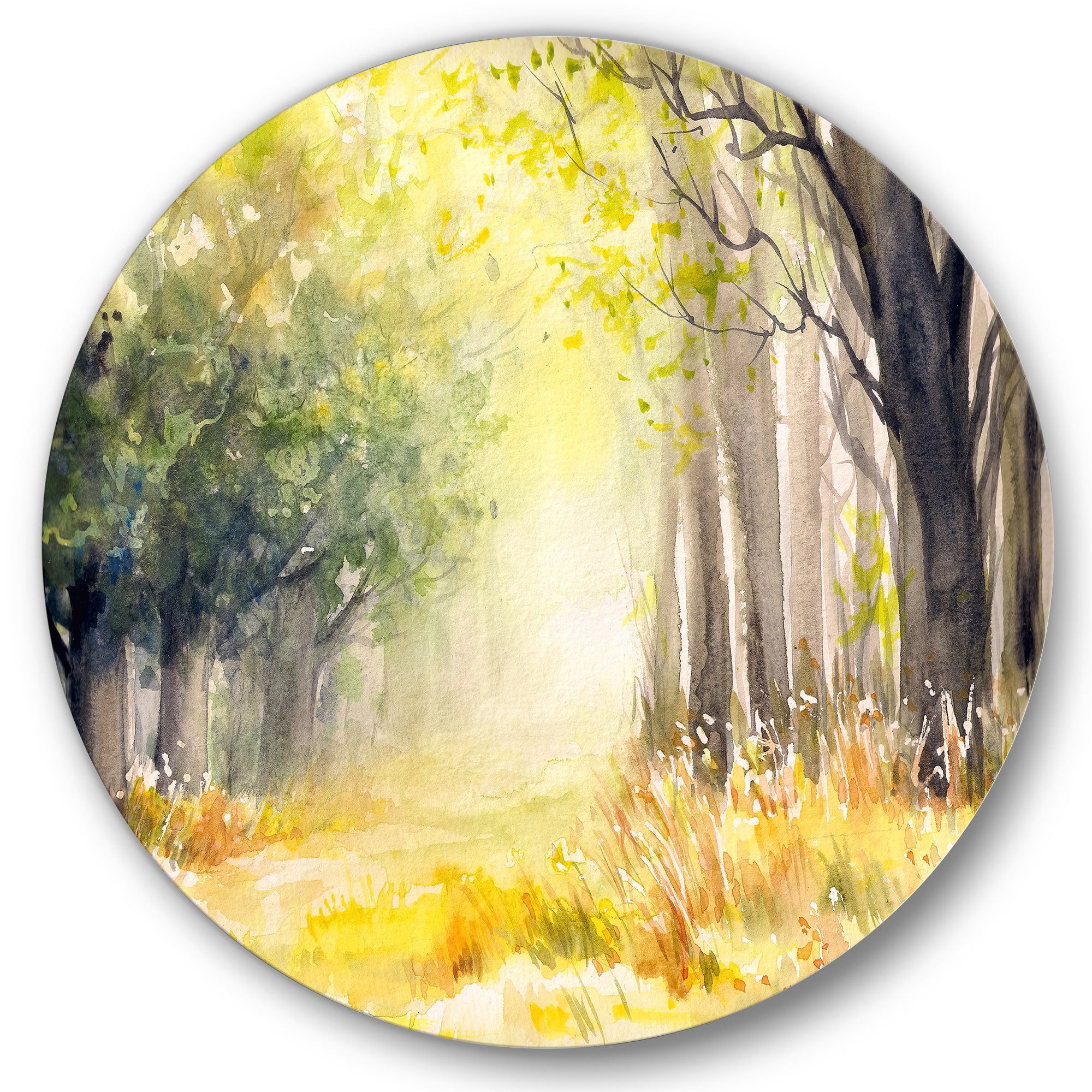 Designart - Bright Sunshine Through The Forest Trees IV - Traditional Metal Circle Wall Art