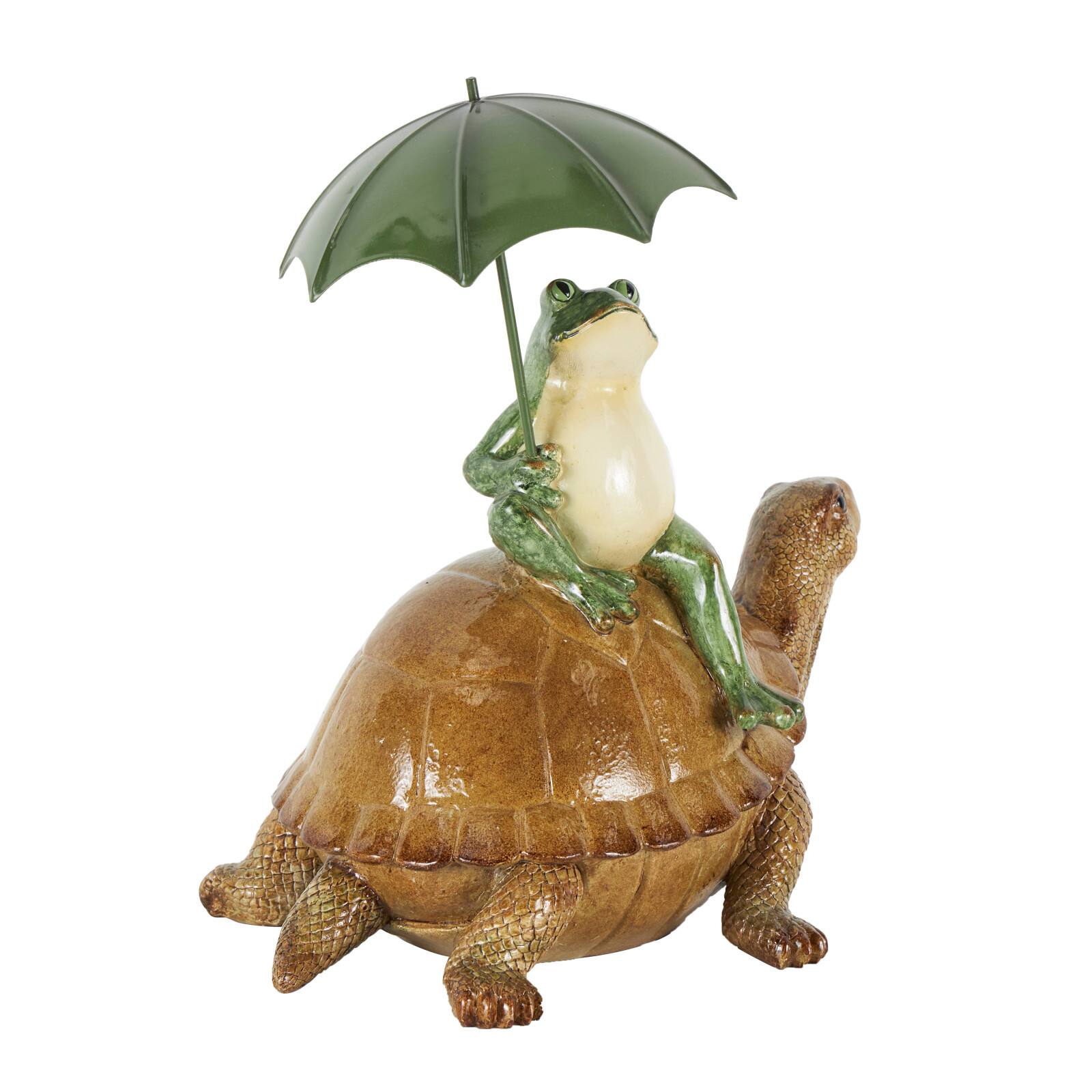 12&#x22; Bronze Sitting Frog Sculpture with Umbrella &#x26; Brown Walking Turtle