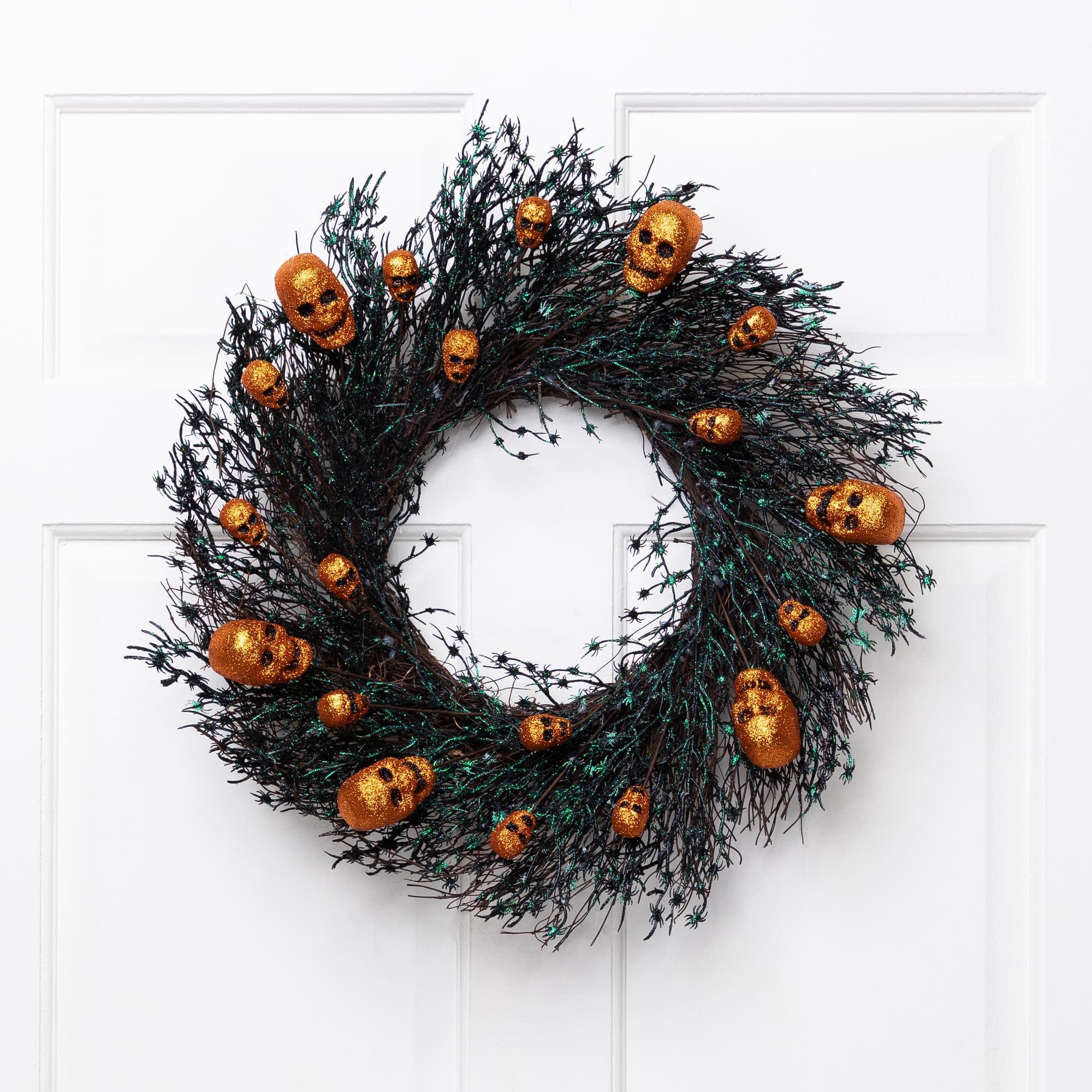 22" Black & Orange Skulls and Spiders Halloween Twig Wreath