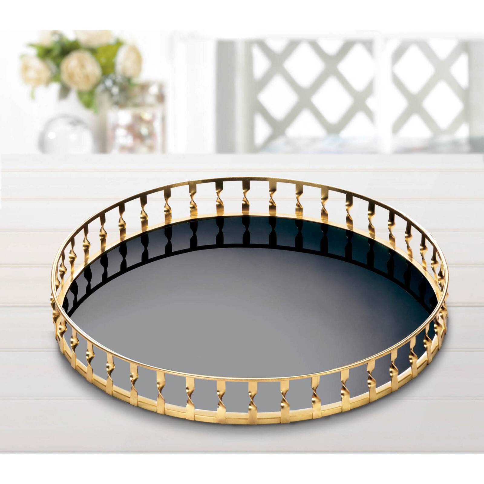 15&#x22; Gold Twist Mirrored Tray