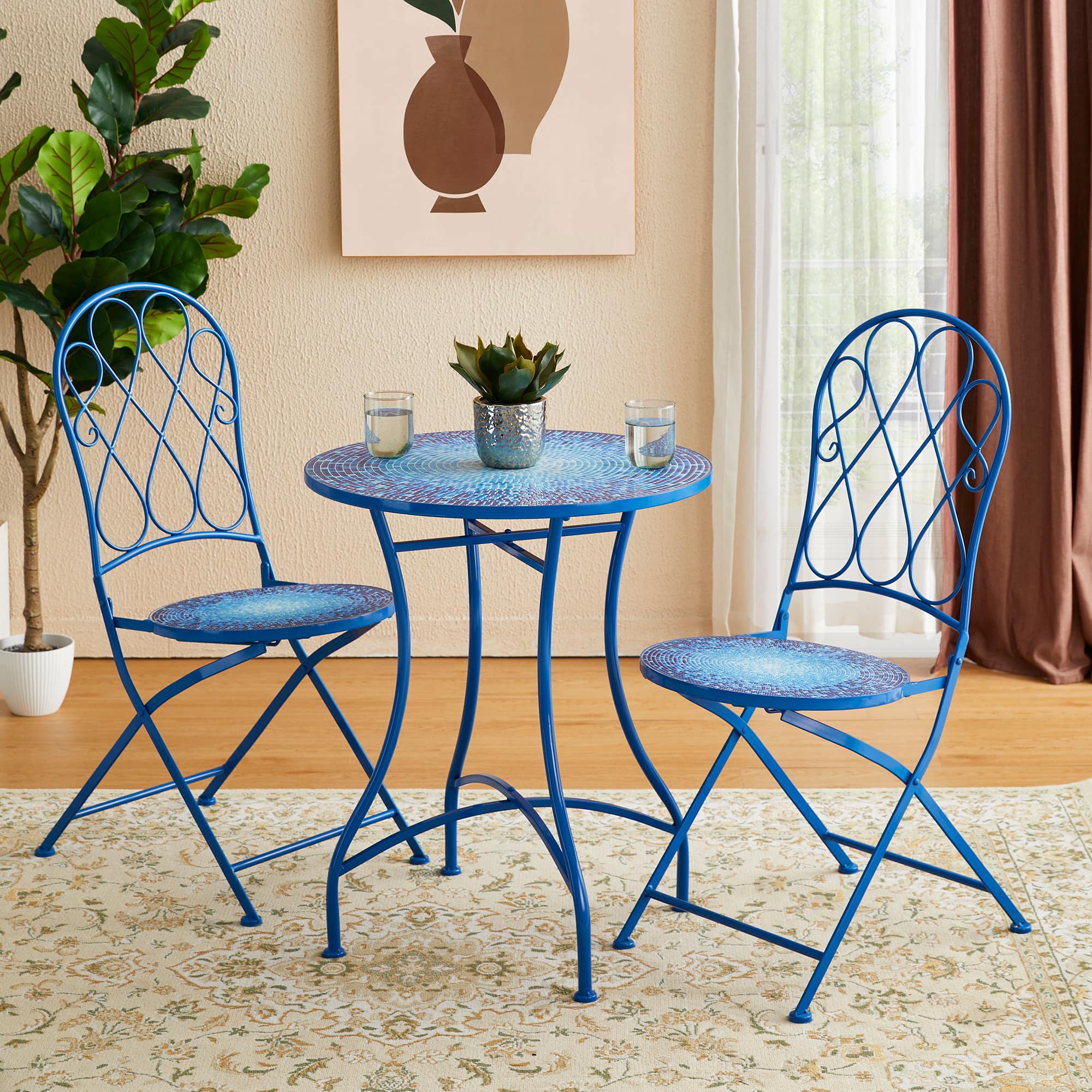 Glitzhome® 28" Blue Outdoor Metal Folding Bistro Table with Ceramic Tile Top