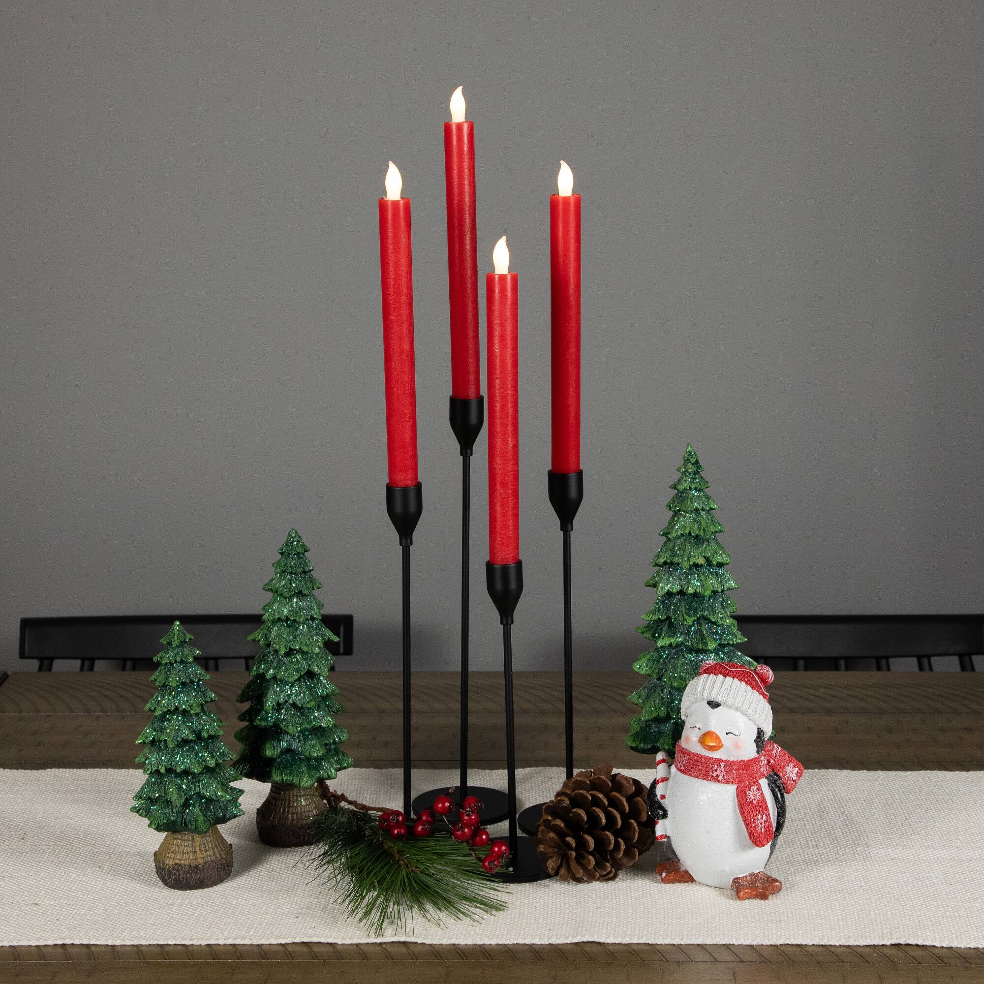 LED Flickering Flameless Taper Christmas Candles - 9.75" - Red - Set of 4