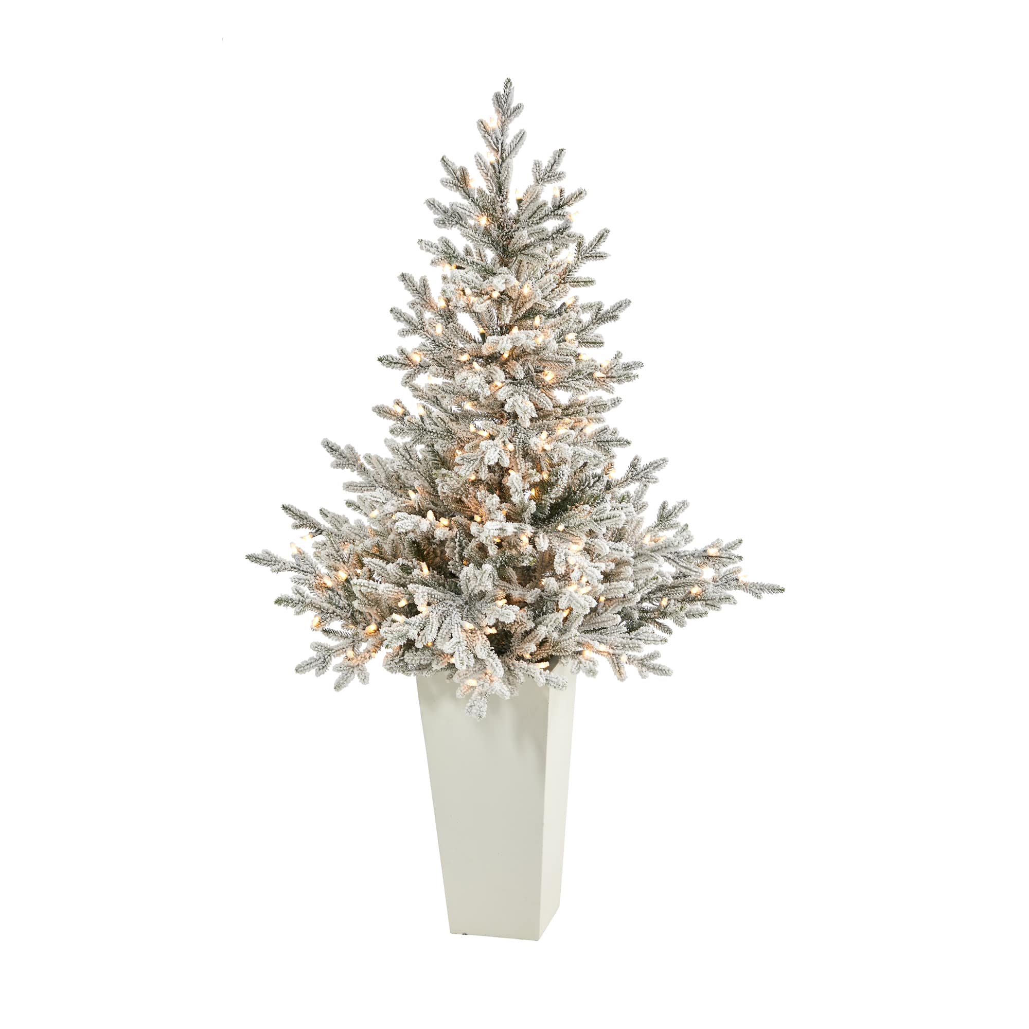 4.75ft. Pre-Lit Flocked Fraser Fir Artificial Christmas Tree in Tower Planter, Warm White Lights