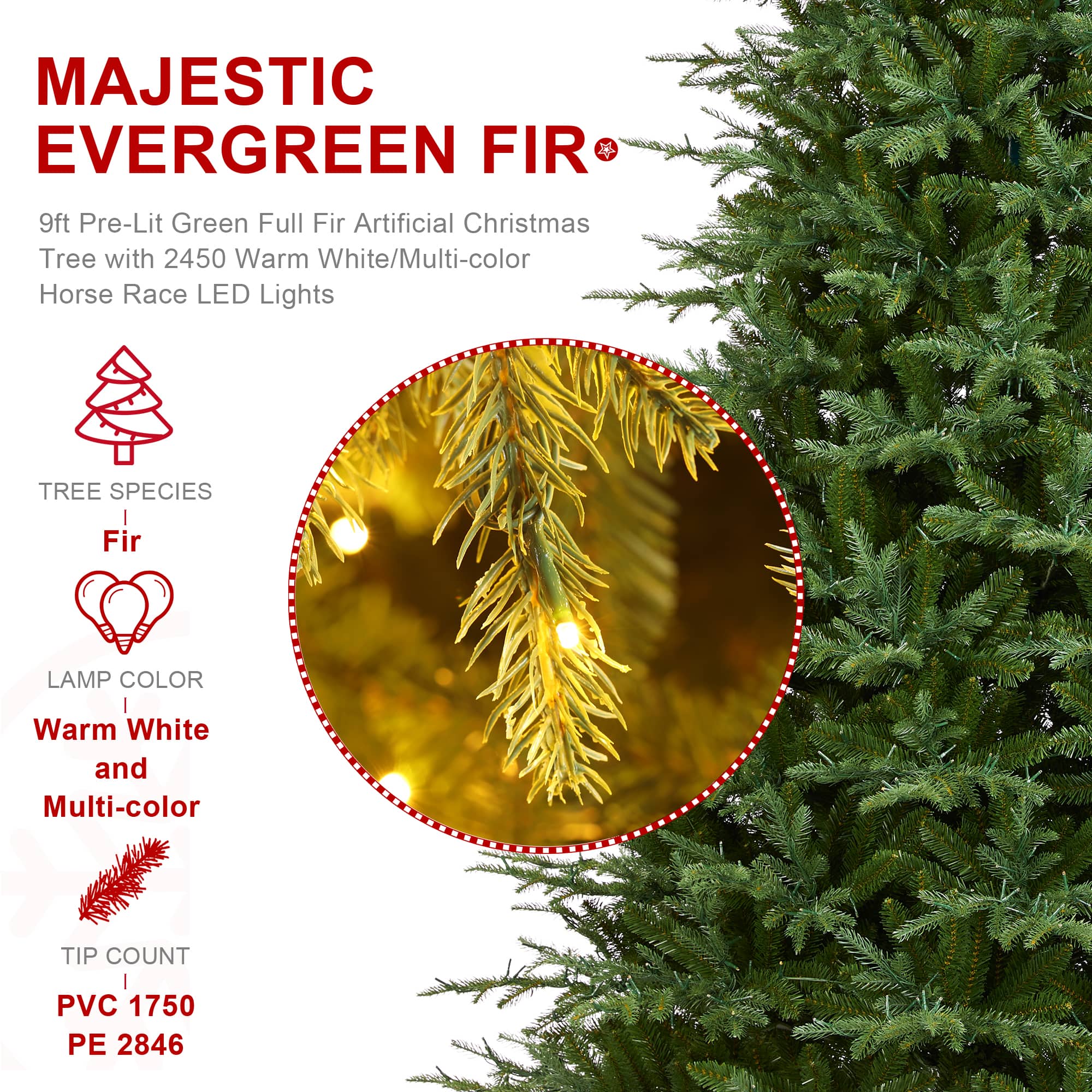 Glitzhome&#xAE; 9ft Pre-Lit Full Fir Artificial Christmas Tree, Multicolor LED Lights