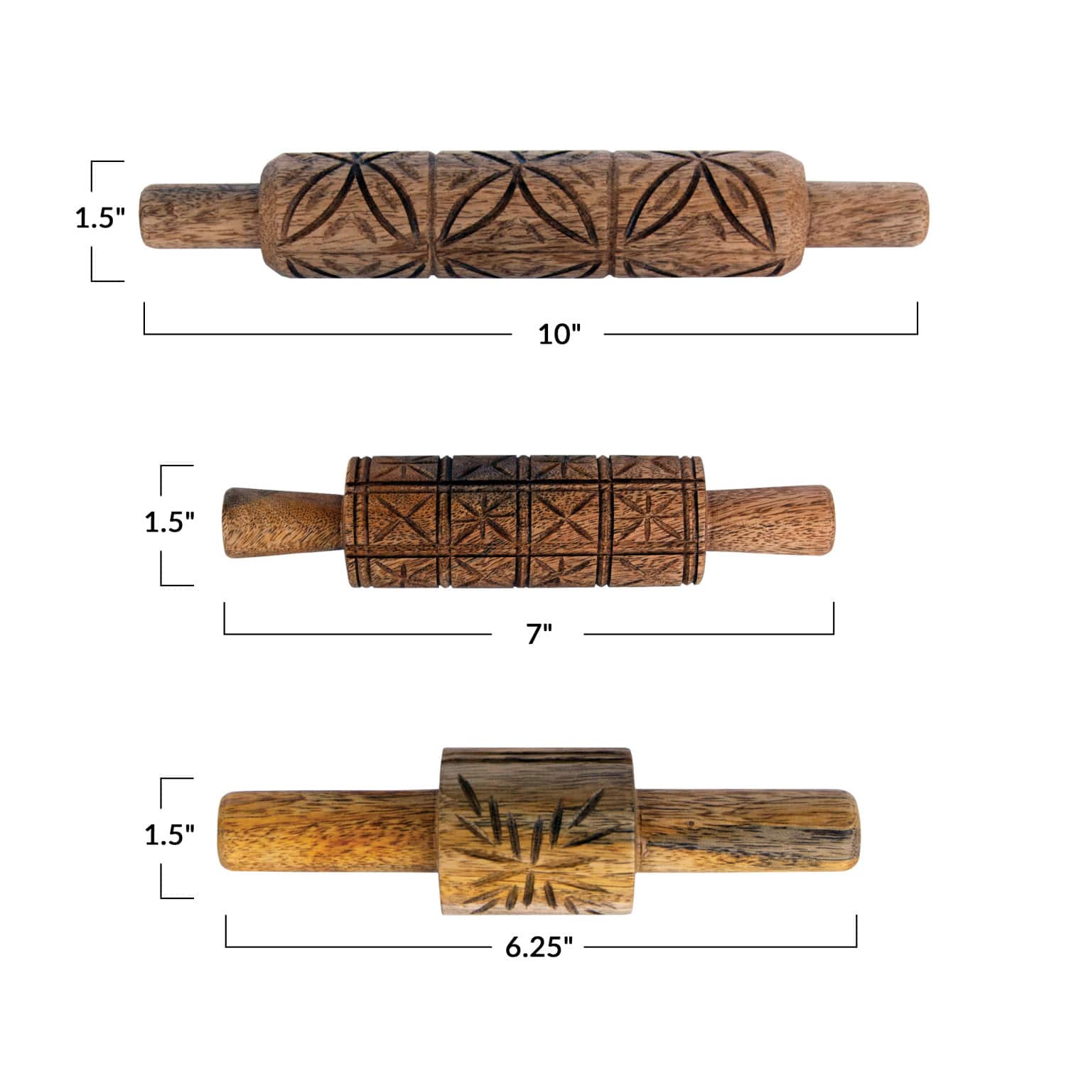Hello Honey&#xAE; Natural Hand-Carved Mango Wood Rolling Pin Set