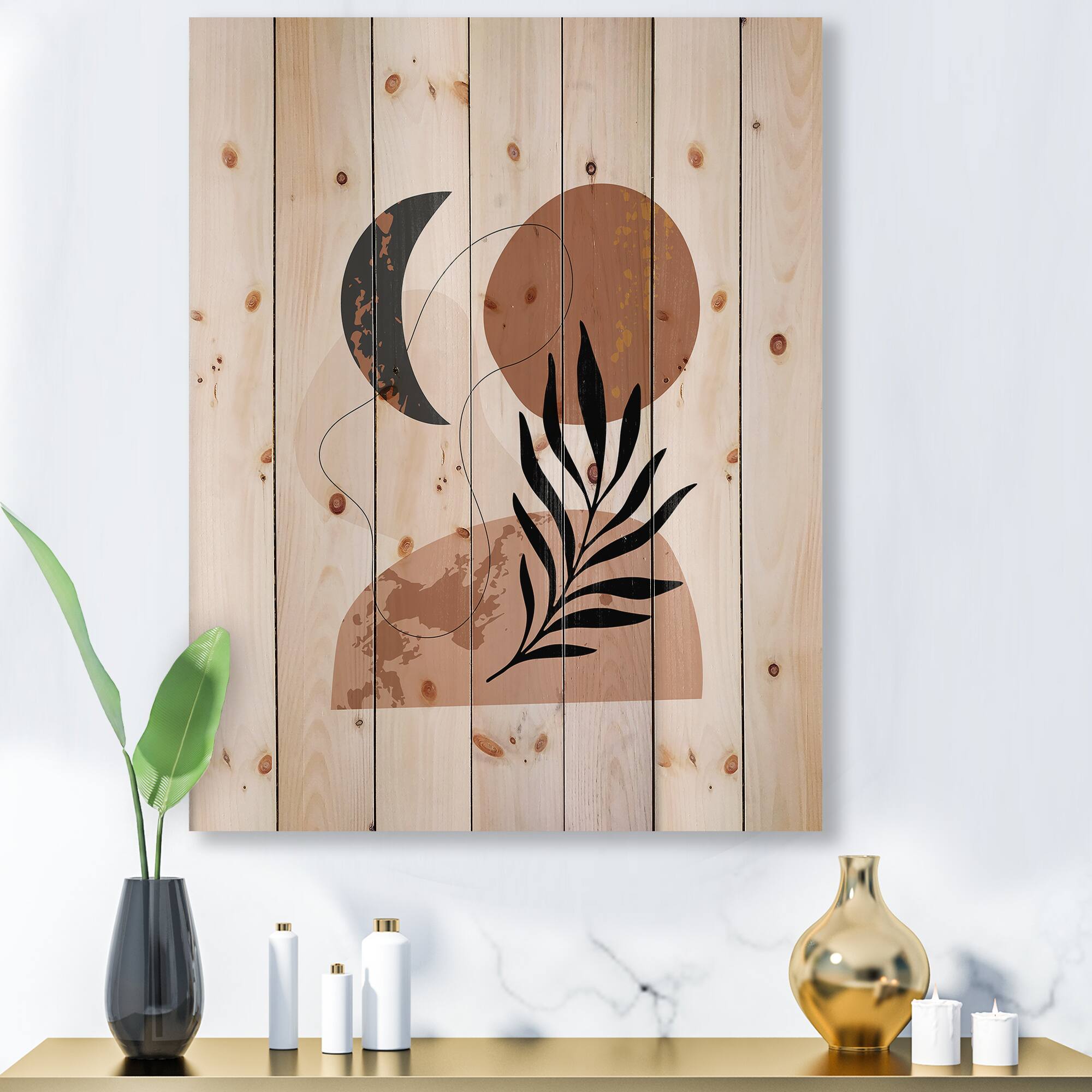 Designart - Moon &#x26; Sun Shapes In Retro Terracotta Tones I - Modern Print on Natural Pine Wood