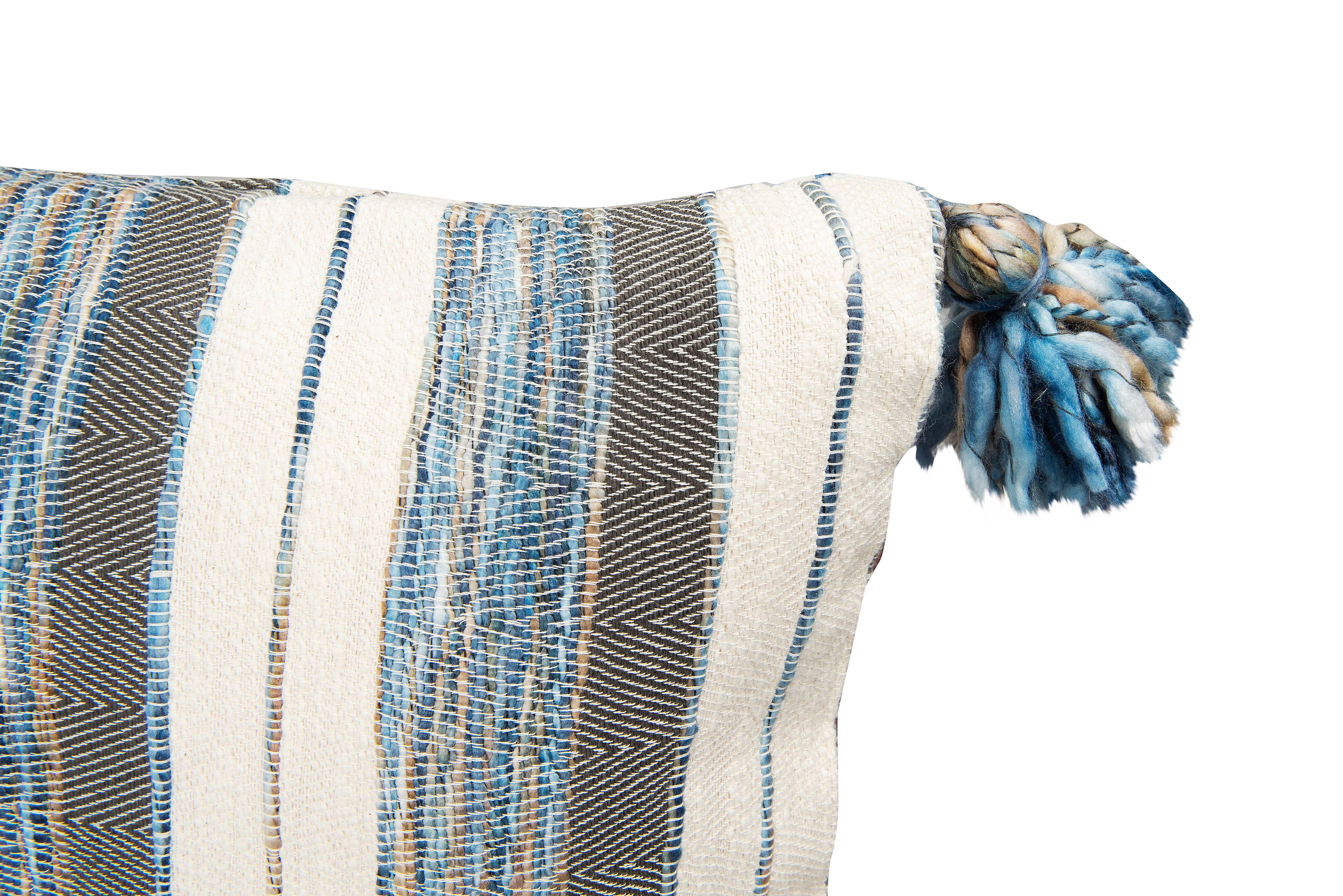 Hello Honey&#xAE; Blue, Gray &#x26; Cream Striped Lumbar Pillow with Tassels