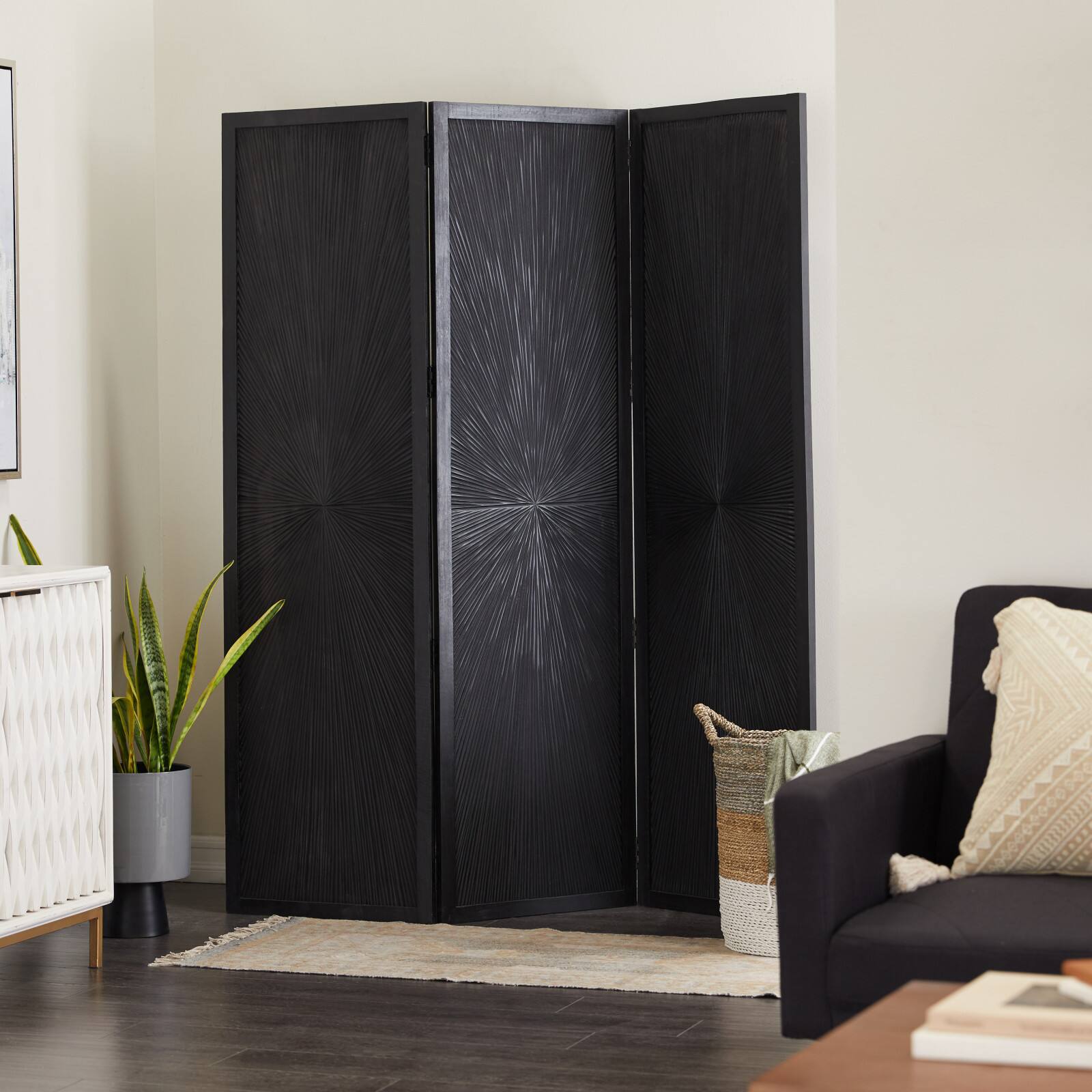 Black Mango Wood Contemporary Room Divider Screen, 70&#x22; x 59&#x22;