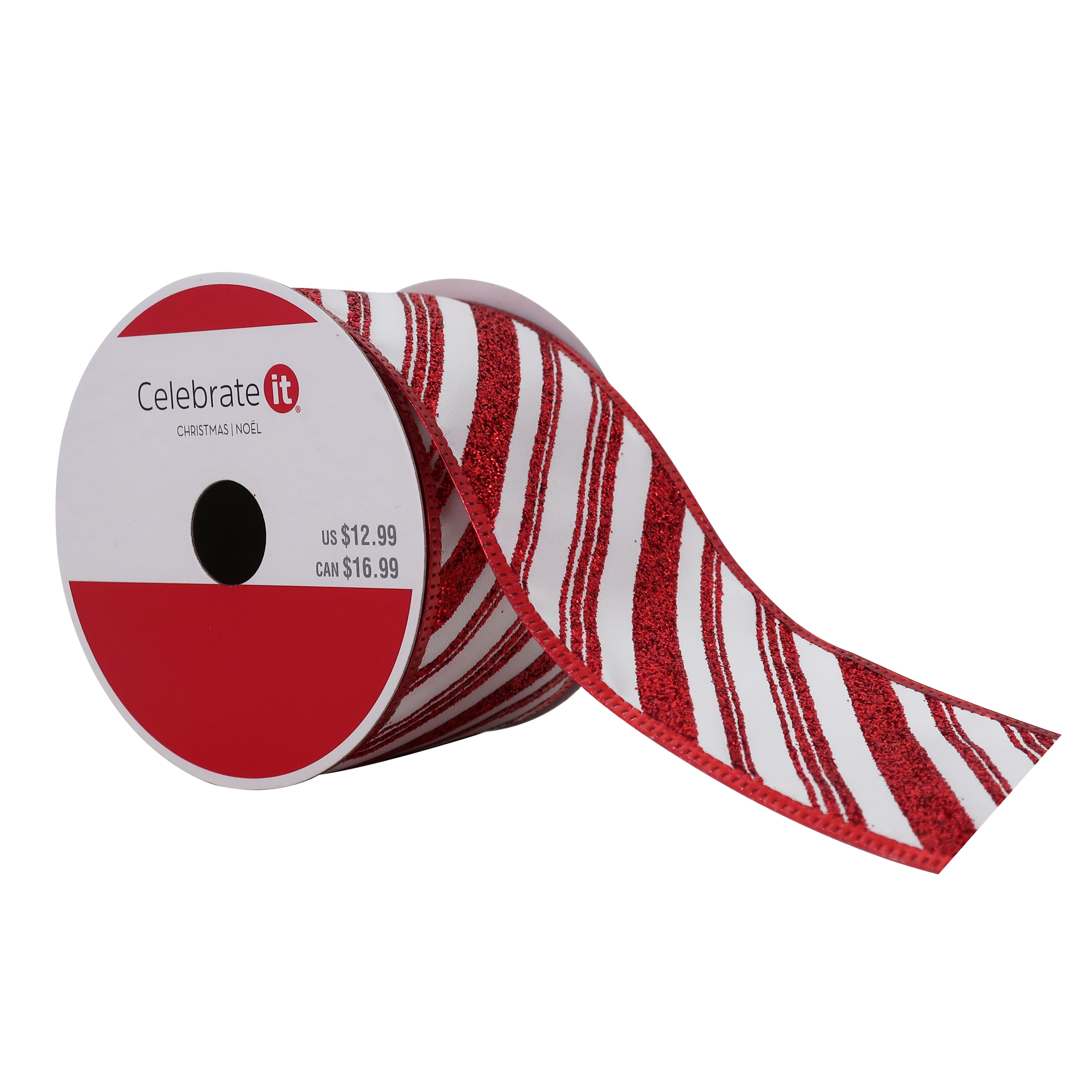 2.5&#x22; x 20ft. Red &#x26; White Double Striped Wired Taffeta Glitter Ribbon by Celebrate It&#xAE; Christmas