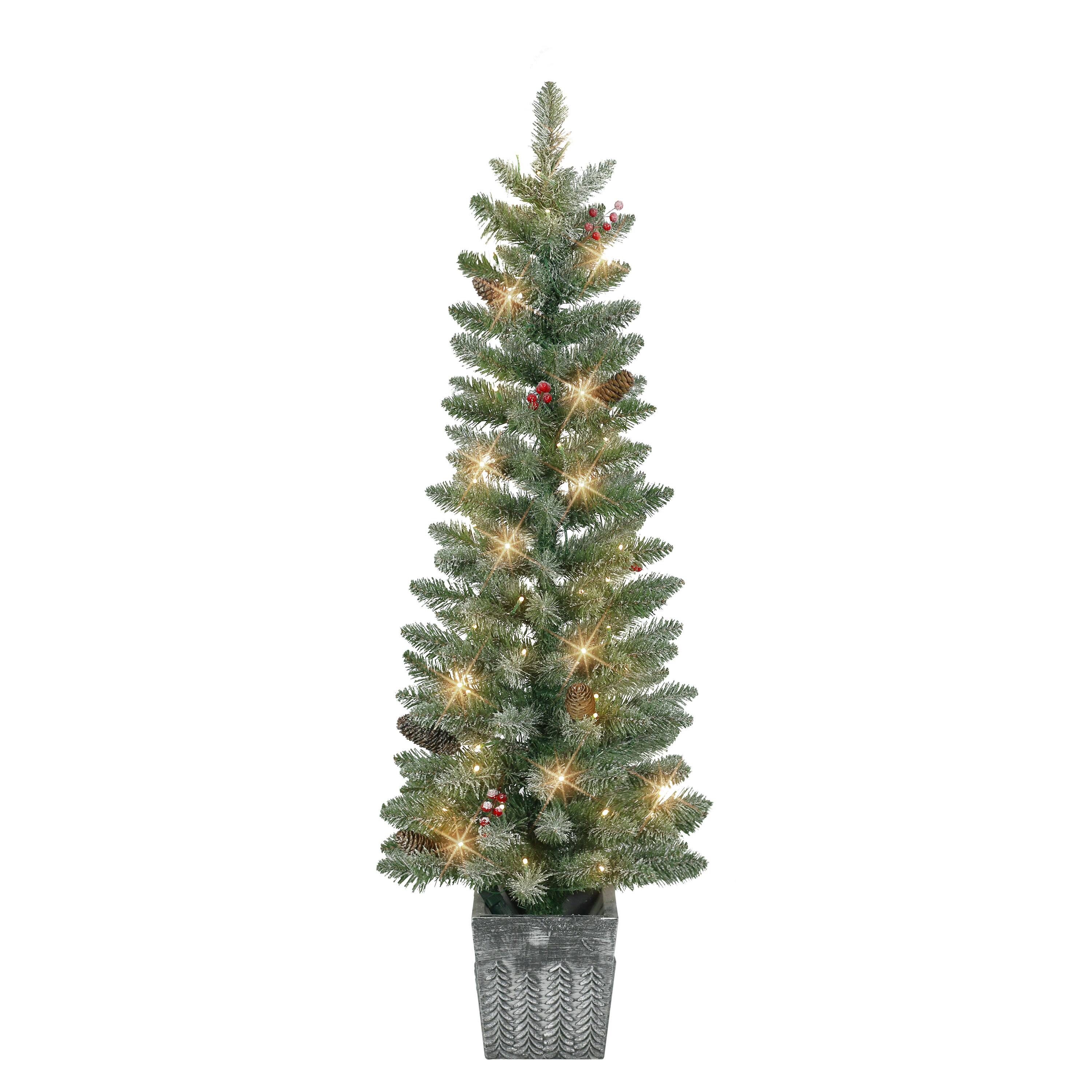 4ft. Pre-Lit Flocked Potted Trees with Battery-Operated Timer, 2ct.