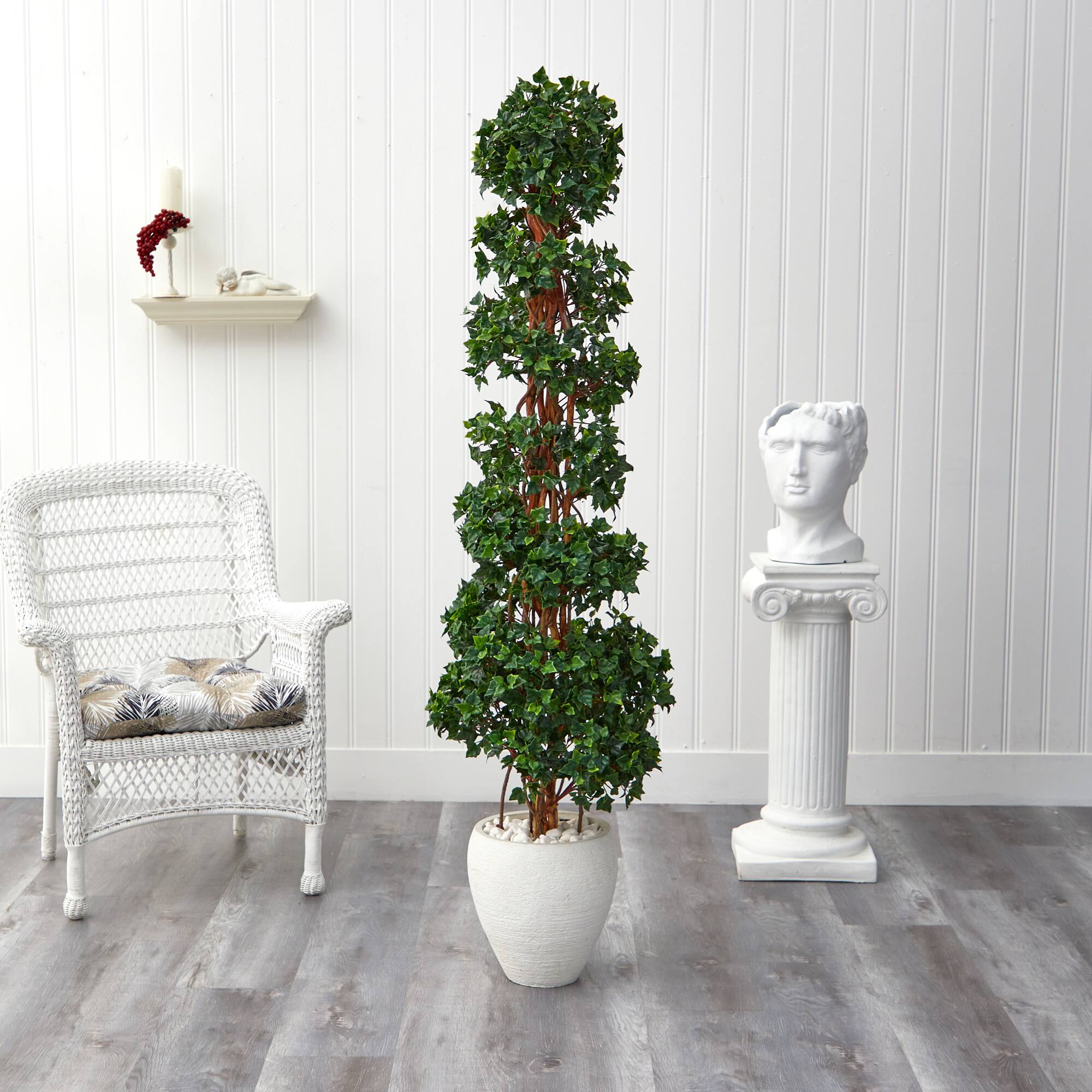 5.8ft. English Ivy Spiral Topiary in White Planter