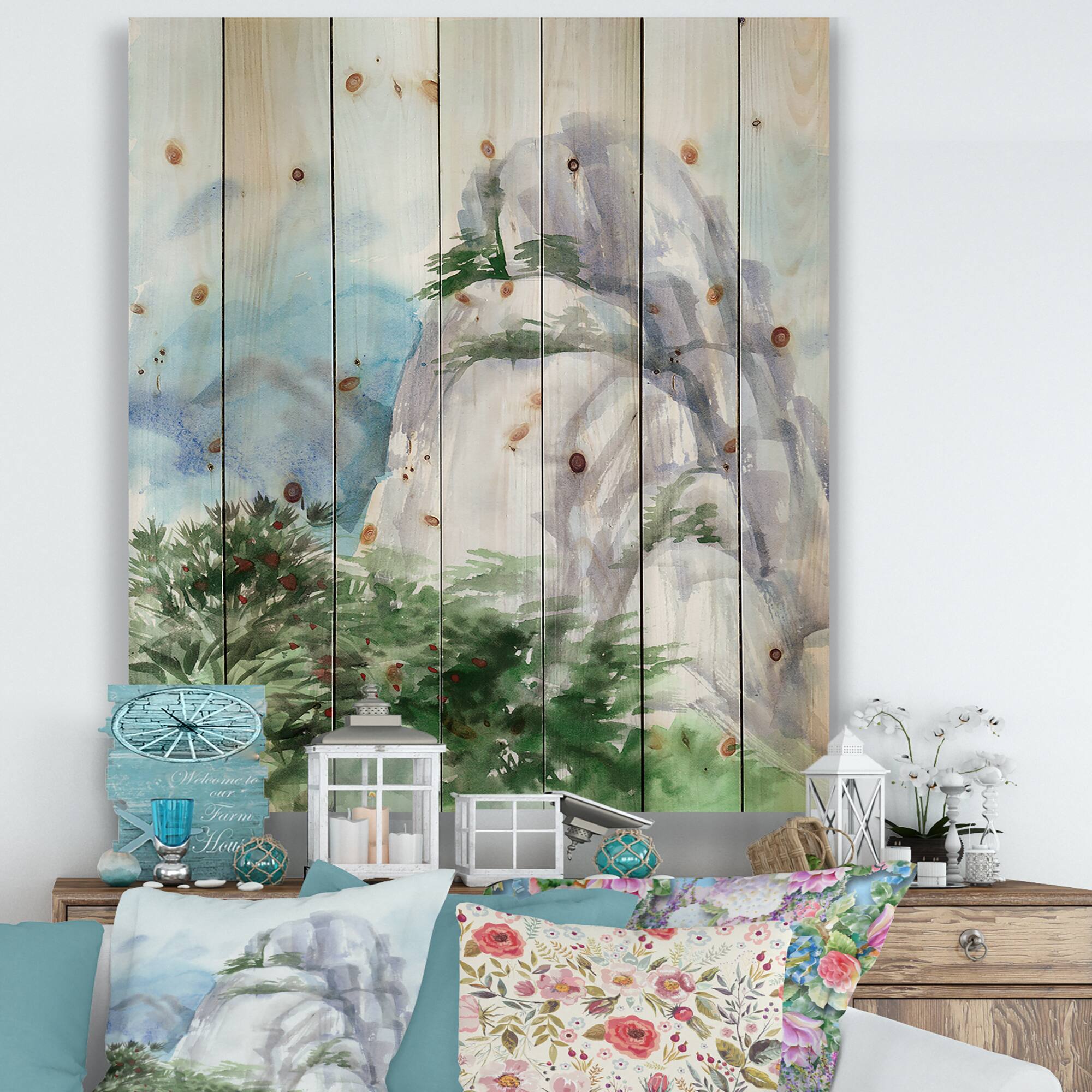 Designart - Mountain Top In The Clouds - Traditional Print on Natural Pine Wood