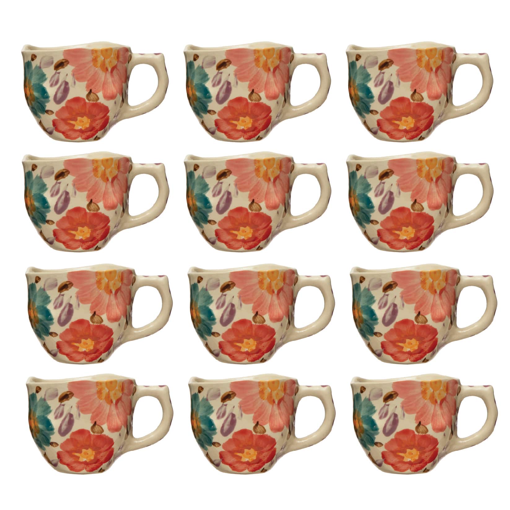 8oz. Multicolor Organically Shaped Edge Stoneware Mug Set with Painted Florals