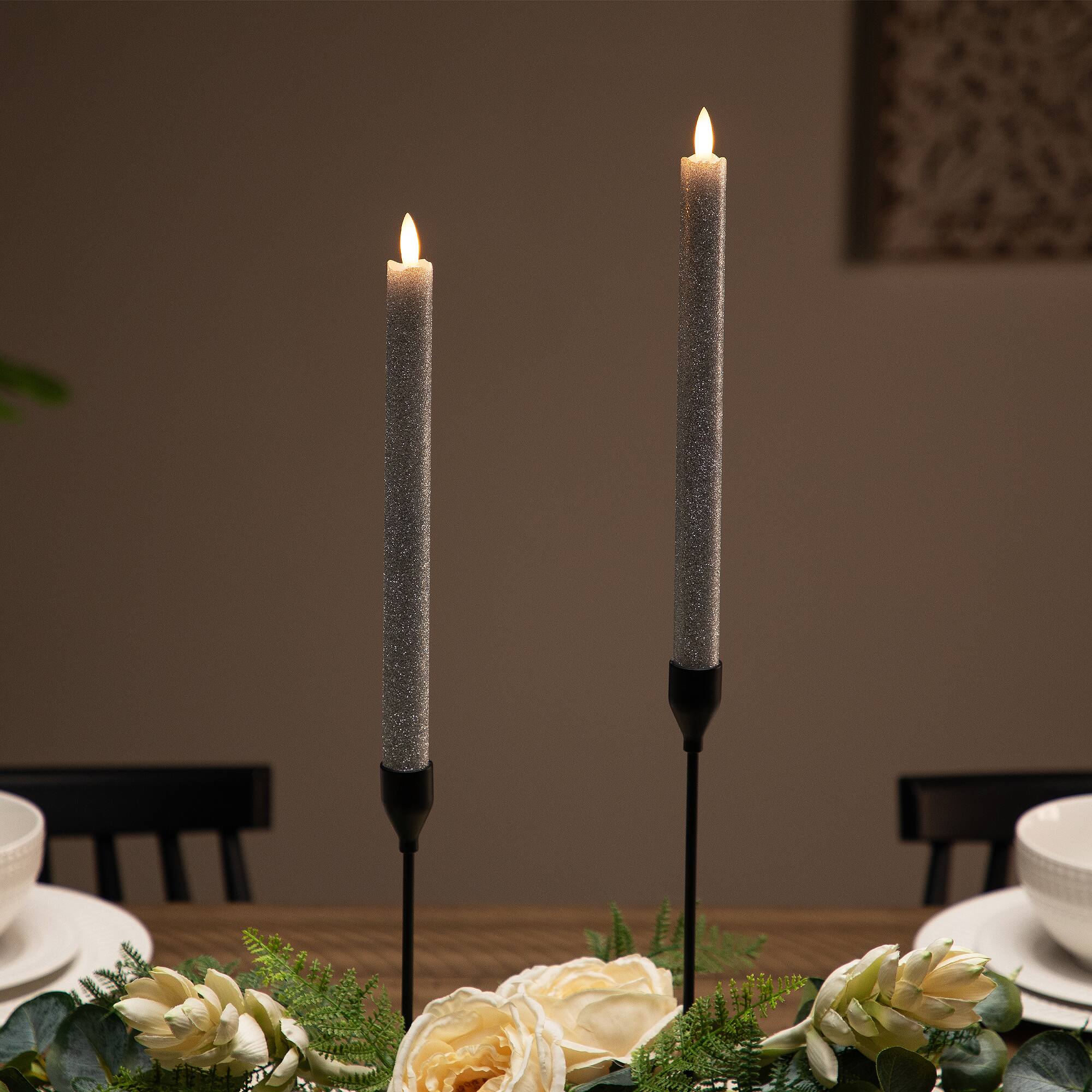 LED Flameless Flickering Taper Glittered Christmas Candles - 11" - Silver - Set 2