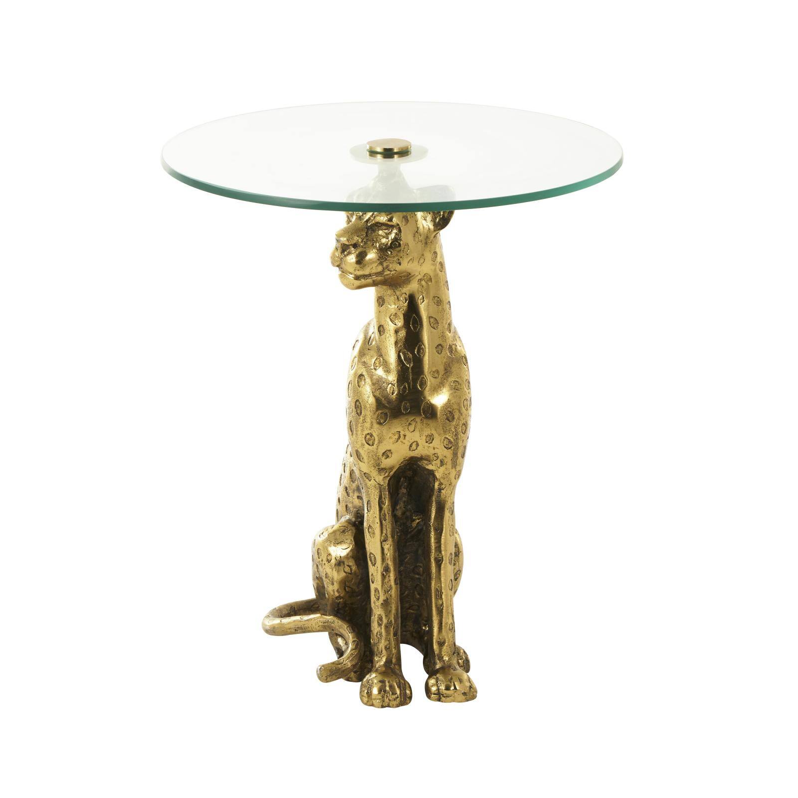 25&#x22; Gold Aluminum Leopard Spotted Sitting Accent Table with Glass Tabletop