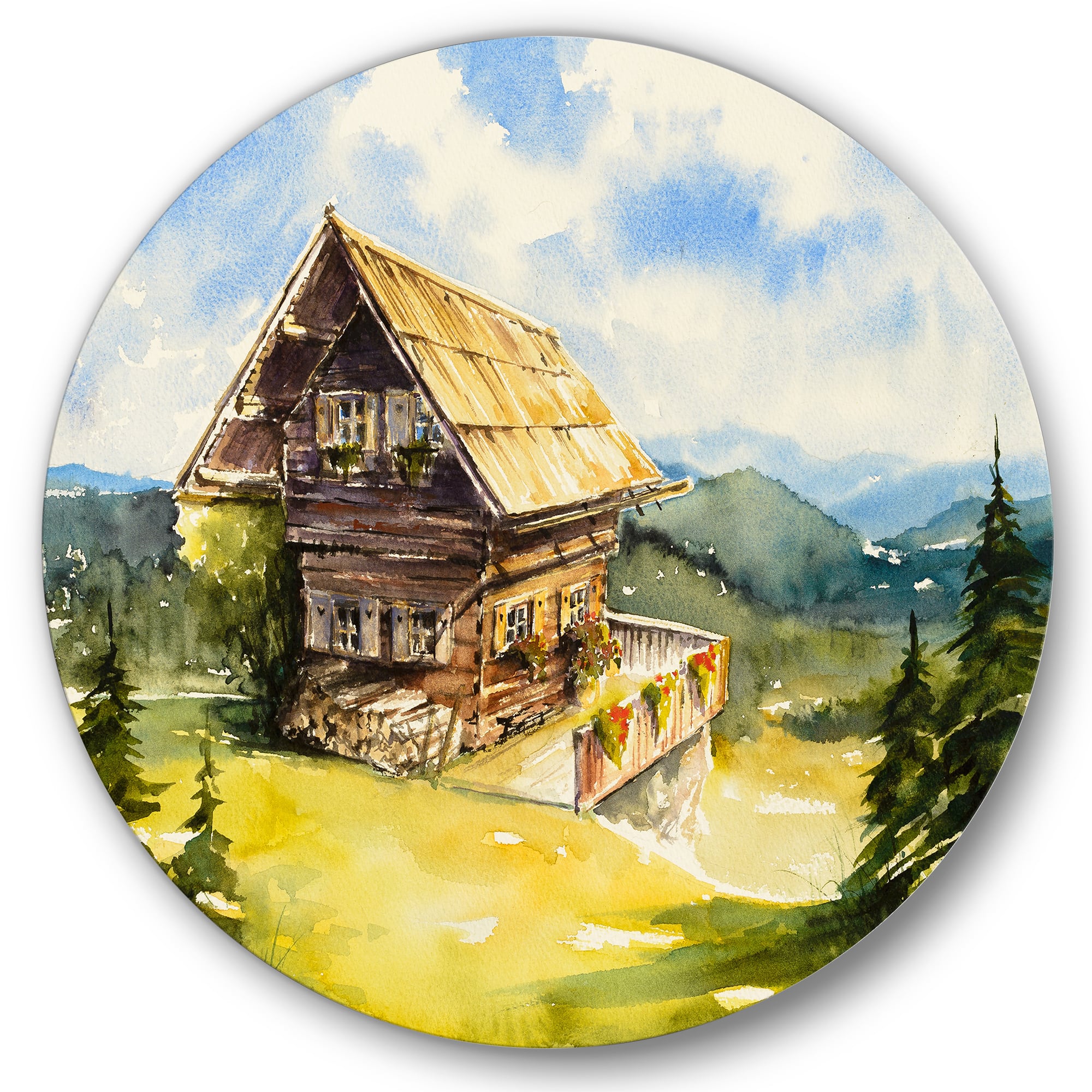 Designart - Peaceful Landscape With Old Cottage At Summer - Traditional Metal Circle Wall Art