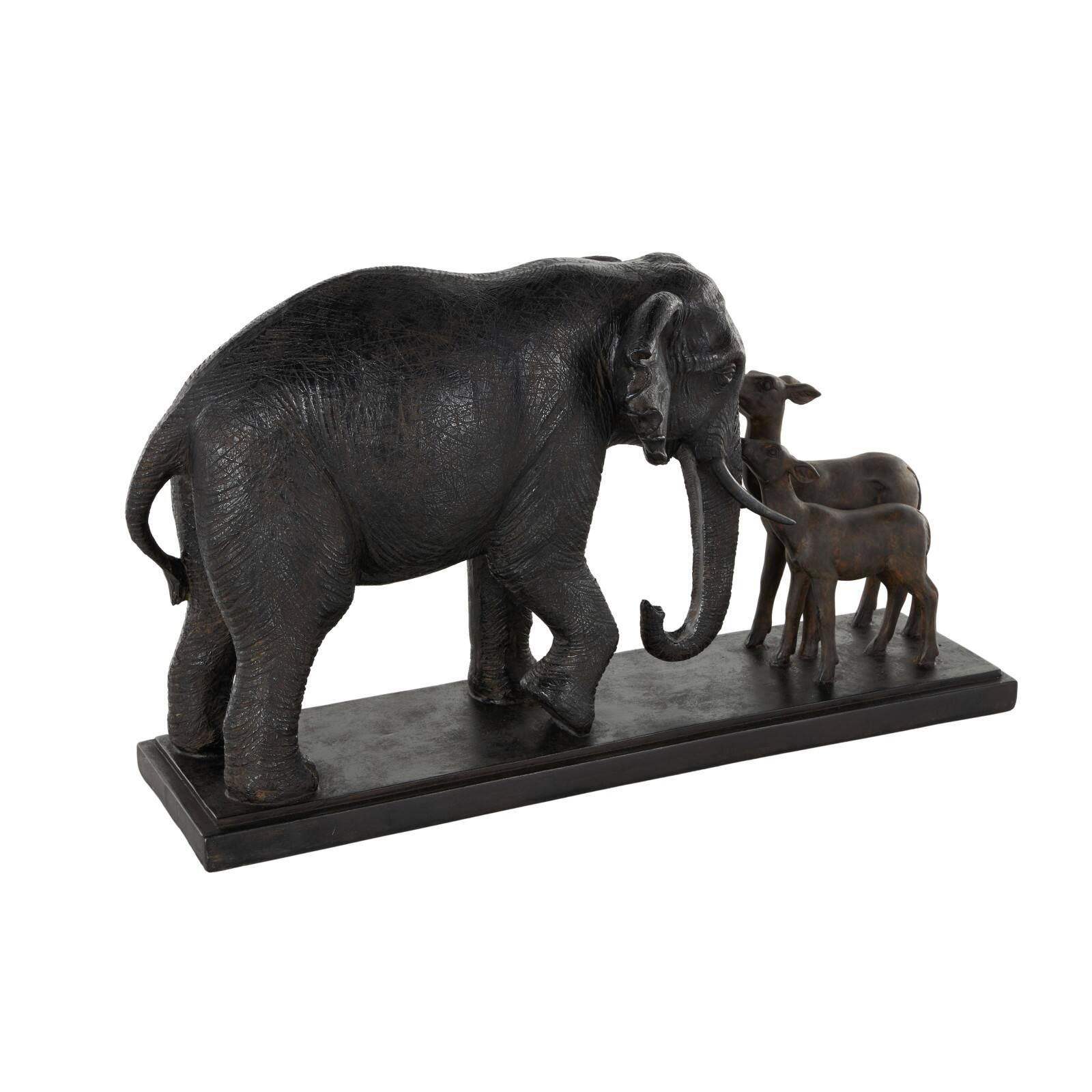 19.75" Black Elephant Walking Sculpture with Dark Brown Deer