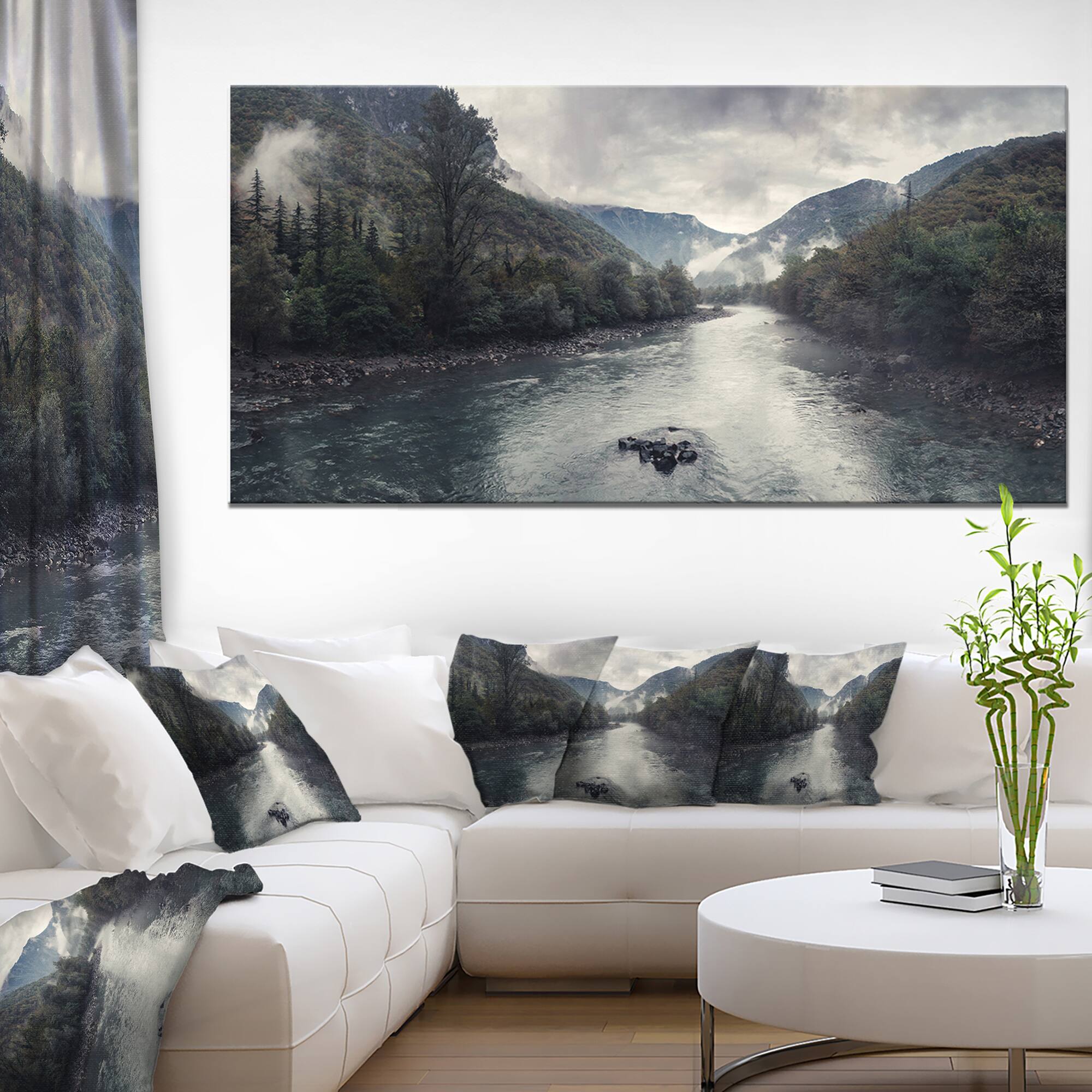 Designart - Mountain River with Fog and Rain - Modern Seascape Canvas Artwork